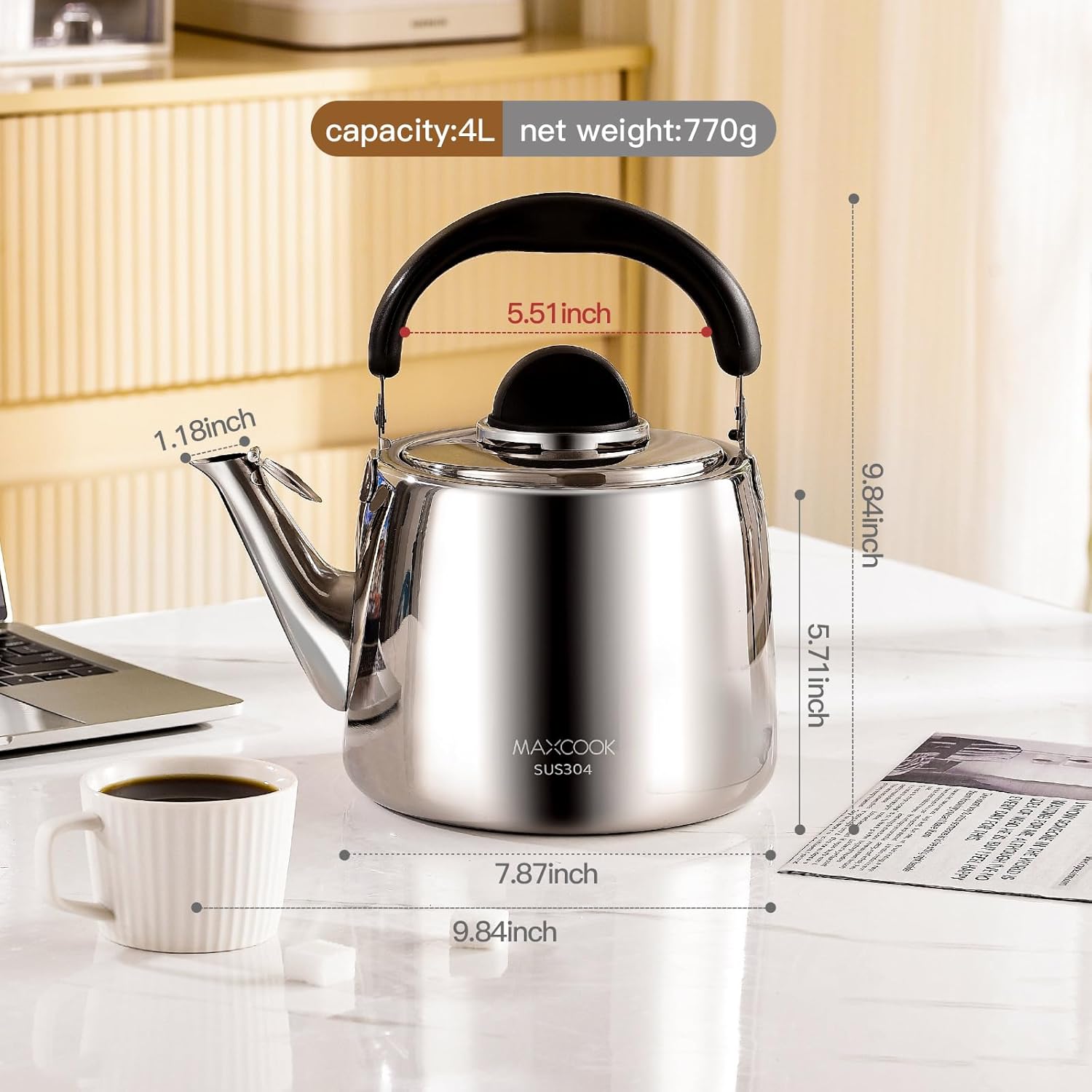 Tea Kettle, 18/8 Stainless Steel Whistling Teapot, 4 Quart, Fast Boiling, Anti-Hot Wood Handle (4L,Silver)