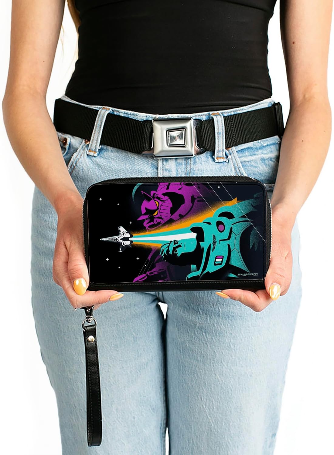 Disney Wallet, Zip Around, Lightyear Buzz and Zurg Spaceship Pose Black Teal Purple, Vegan Leather