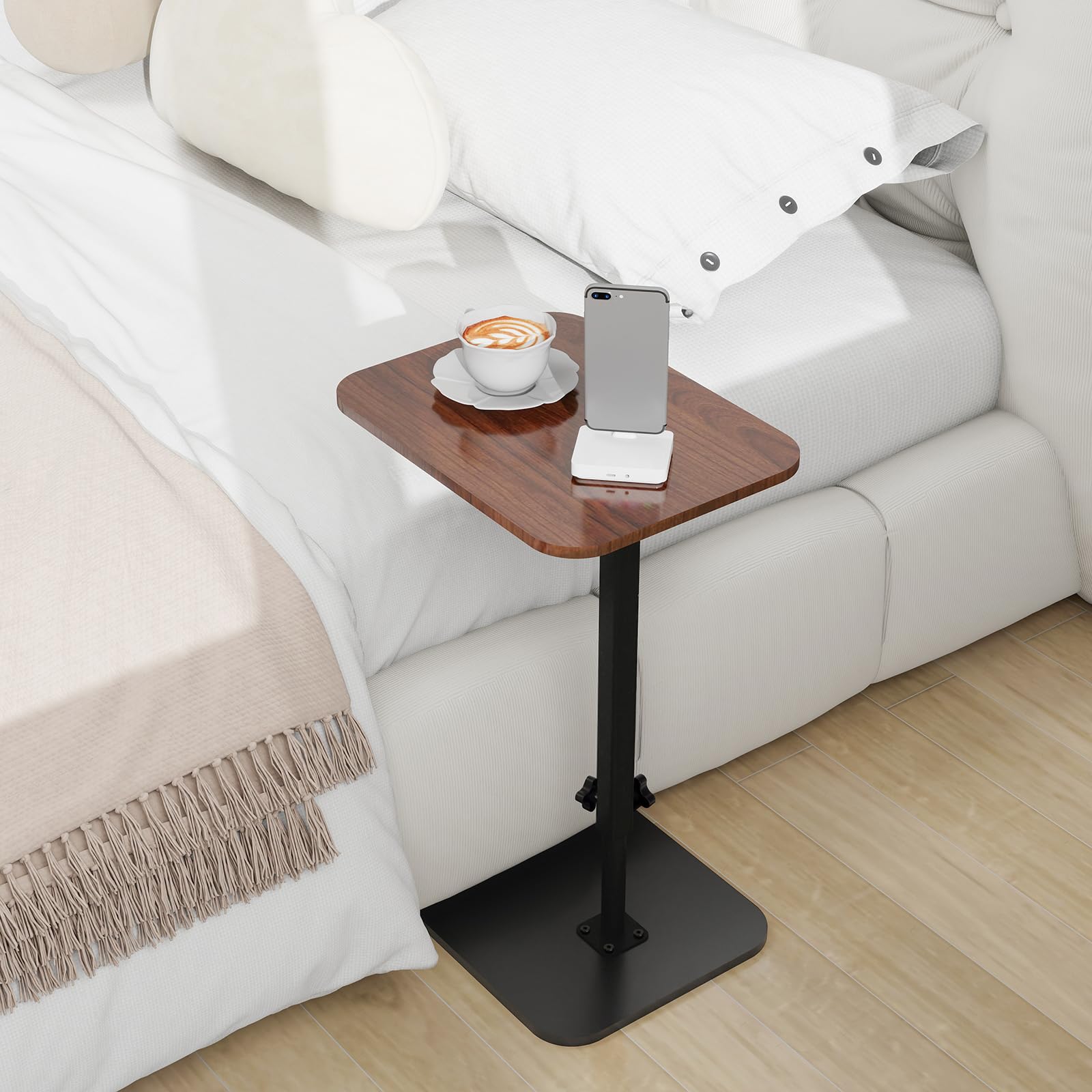 Tavolino in Legno Tavolino Ausiliario per Divano e Letto Tavolini a Forma di C Girevole a 360° Comodino Per Soggiorno, Divano, Letto