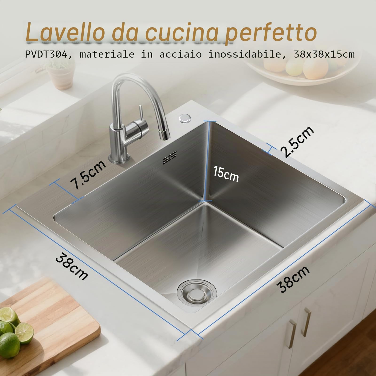Lavello da cucina in acciaio inox, 38 x 38 cm, con 1 vasca, con sifone, in acciaio inox