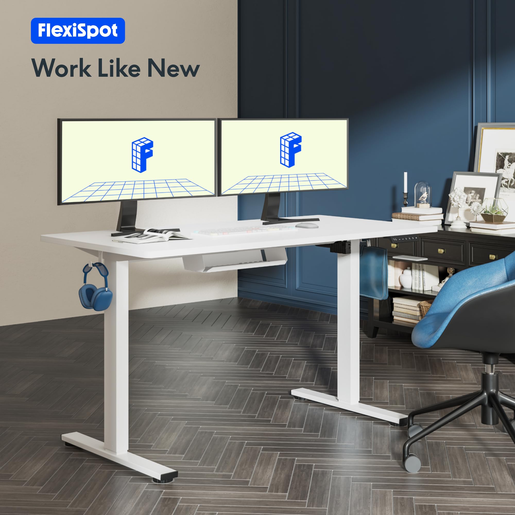 FLEXISPOT 140X60cm Escritorio Elevable Eléctrico con Tablero, con Gancho y Portavasos, Standing Desk, Mesa Elevable Escritorio de Elevable con Memoria Inteligente para Oficina y Hogar(Blanco)