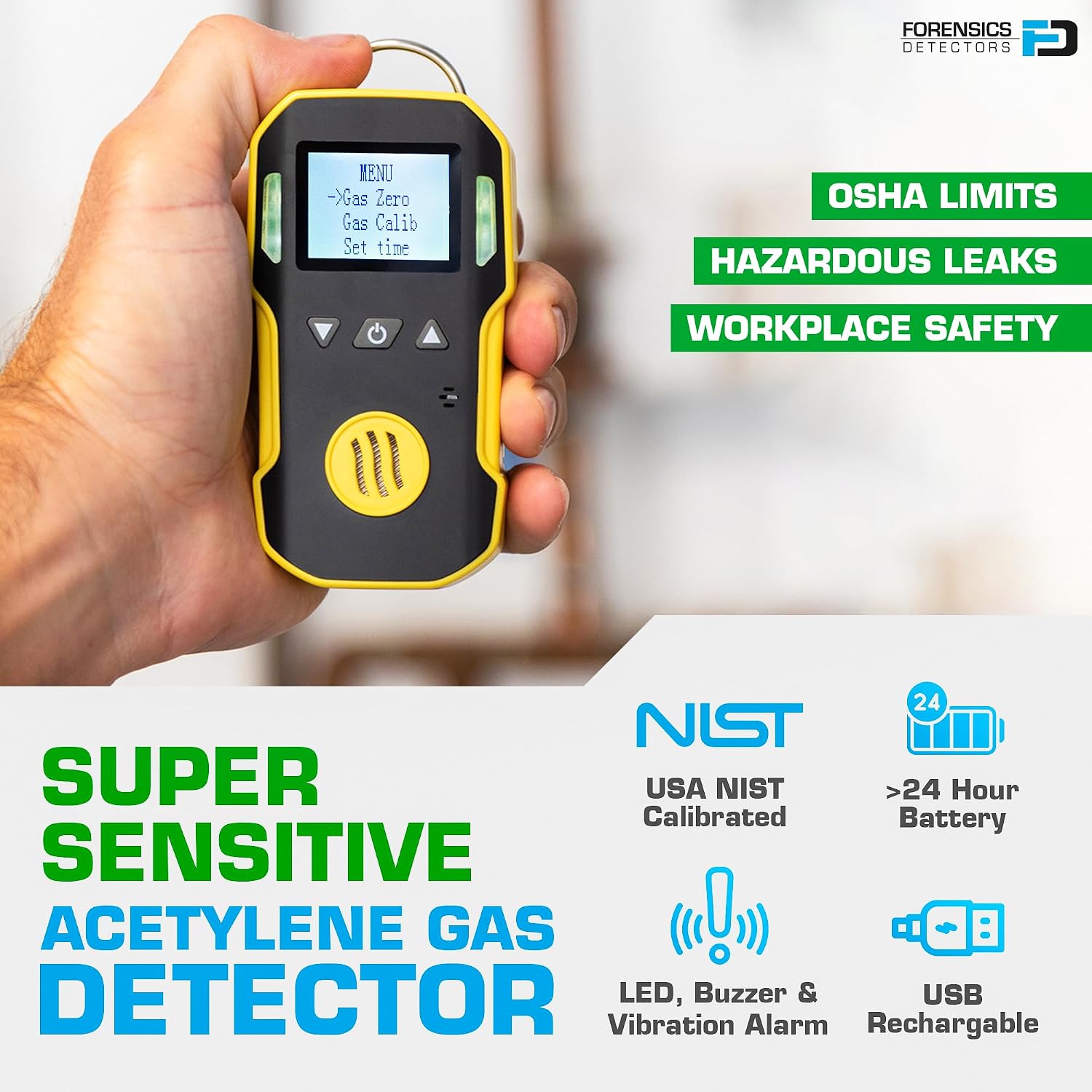Acetylene Gas Detector (C2H2) by Forensics | USA NIST Calibration & Certificate | Dust & Explosion Proof | USB Recharge | Sound, Light and Vibration Alarms | 0-100 ppm |