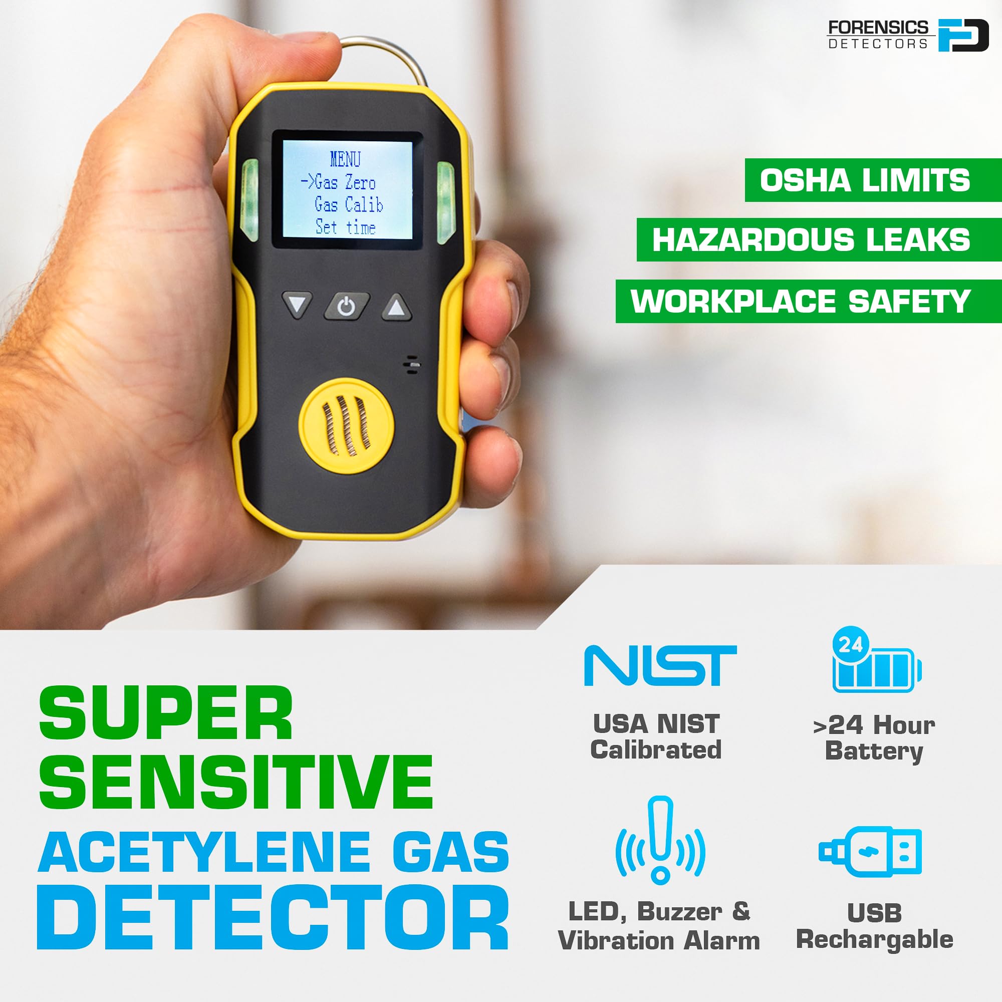 Detector de Gas Acetileno (C2H2) | Certificado de Calibración EU | Recarga USB | Alarmas Sonoras, Luminosas y por Vibración | 0–100 ppm C2H2