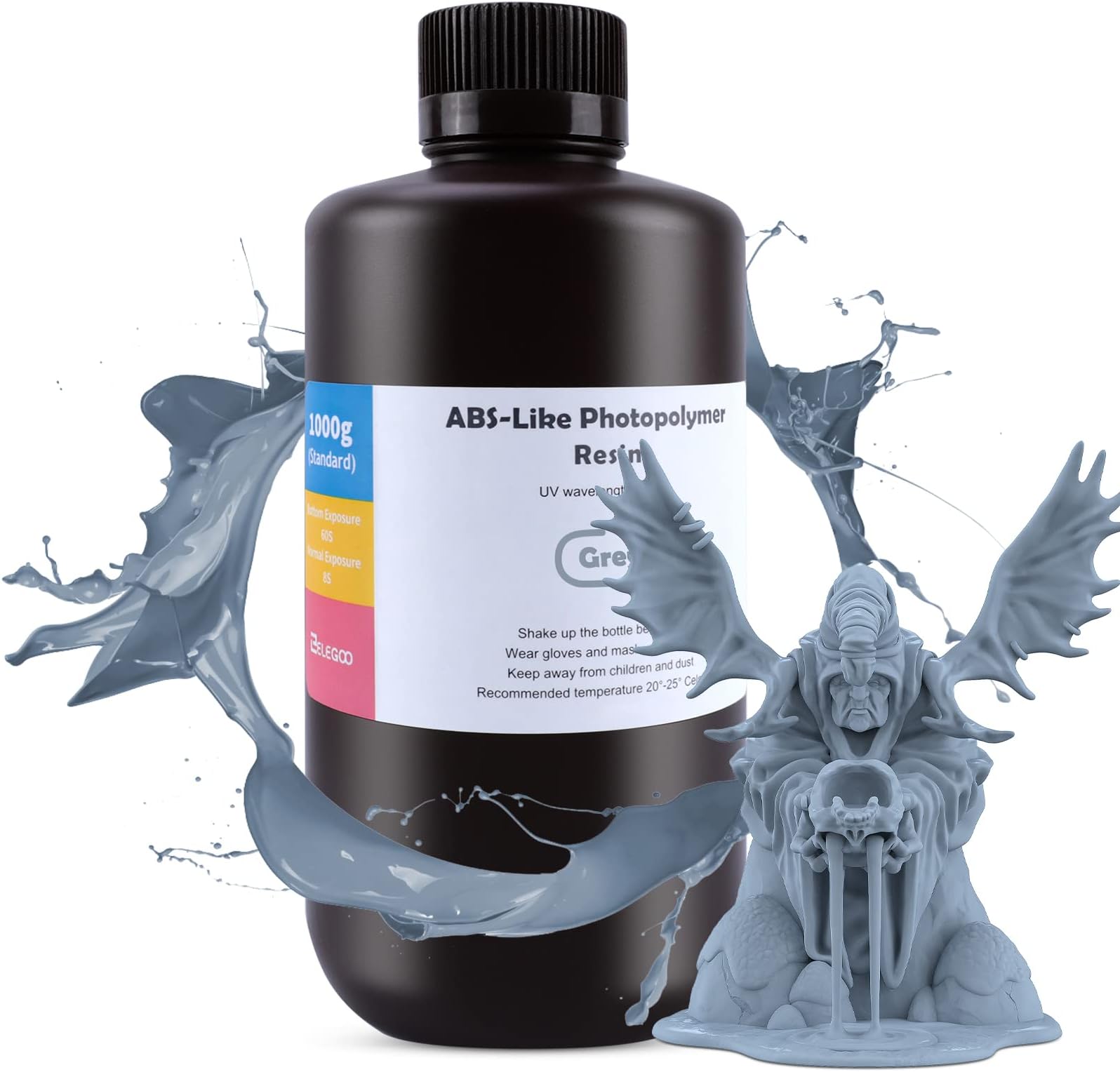 ELEGOO ABS-Like Resin Rapid UV Curing 405nm Standard Photopolymer Resin ABS 3D Resin High Precision Non Brittle Non Toxic for LCD 3D Printer Grey 1000G