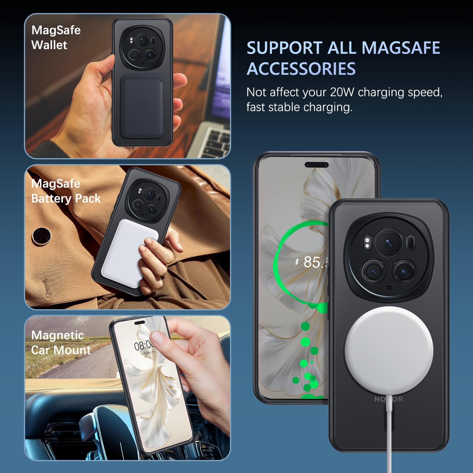 Custodia Magnetica BENTOBEN Per Honor Magic 6 Pro 5G – Sottile Opaca Antigiallo – Con Mag-Safe – Nero - 2