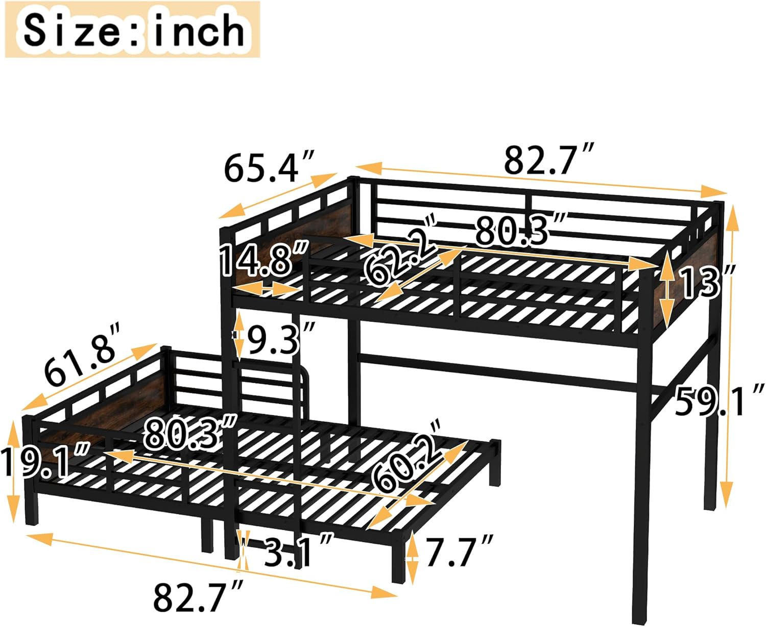 Bellemave Detachable Bunk Bed Queen Over Queen, Metal Bunk Bed with Guardrails, Queen Size Loft beds for Kids, Teens & Adults（Vintage Wood-Colored）
