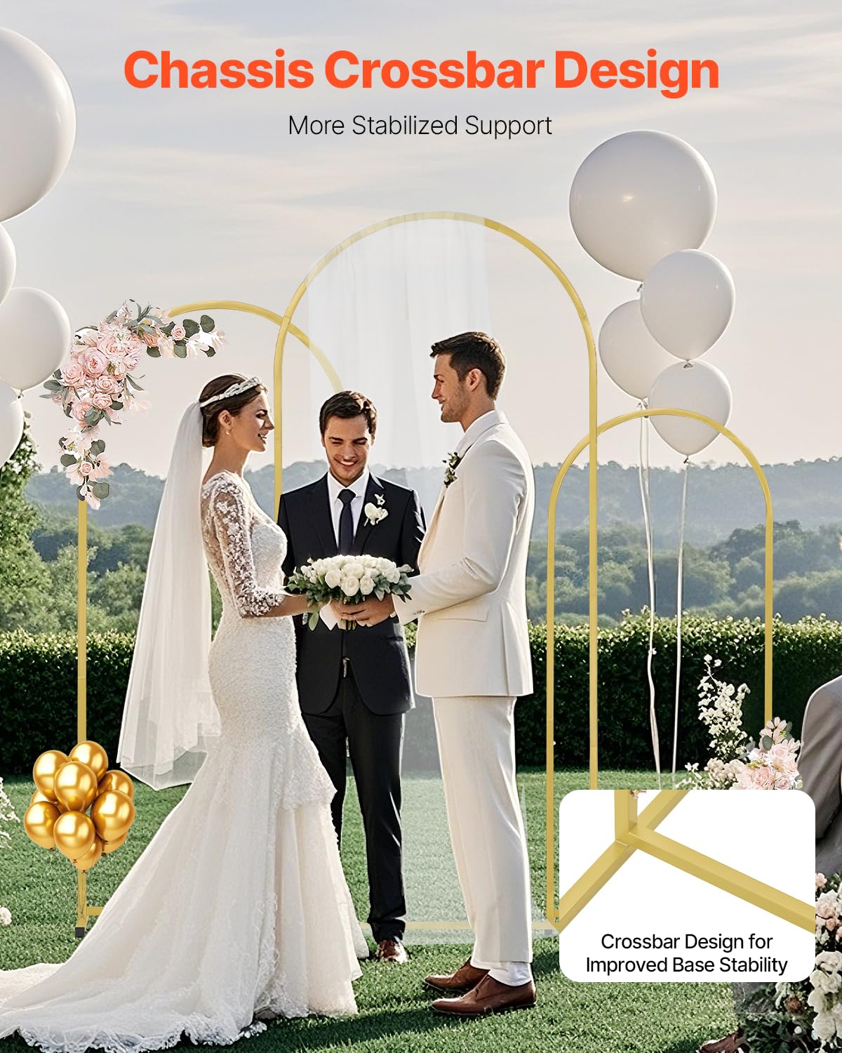 VEVOR Support de Fond Arche de Mariage, Lot de 3, Support Stable Métal, 1805 mm, 1500 mm, 1205 mm, Barre Transversale de Châssis, Facile à Assembler, pour Anniversaire, Célébration, Cérémonie, Doré
