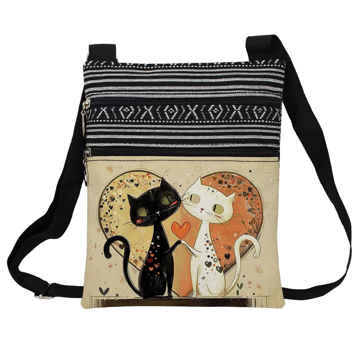 LiuenMgg Cat Pattern Crossbody Handbag with Zipper Floral Kitten Kitty Aesthetic Present for Cat Lovers Woman