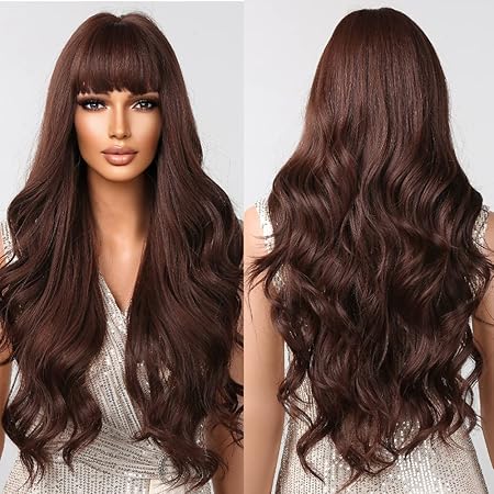Allbell Long Chocolate Brown Red Wigs for Women Curly Wavy Synthetic Wig with Bangs Heat Resistant Fiber Fake Hair for Party Daily Use Cosplay