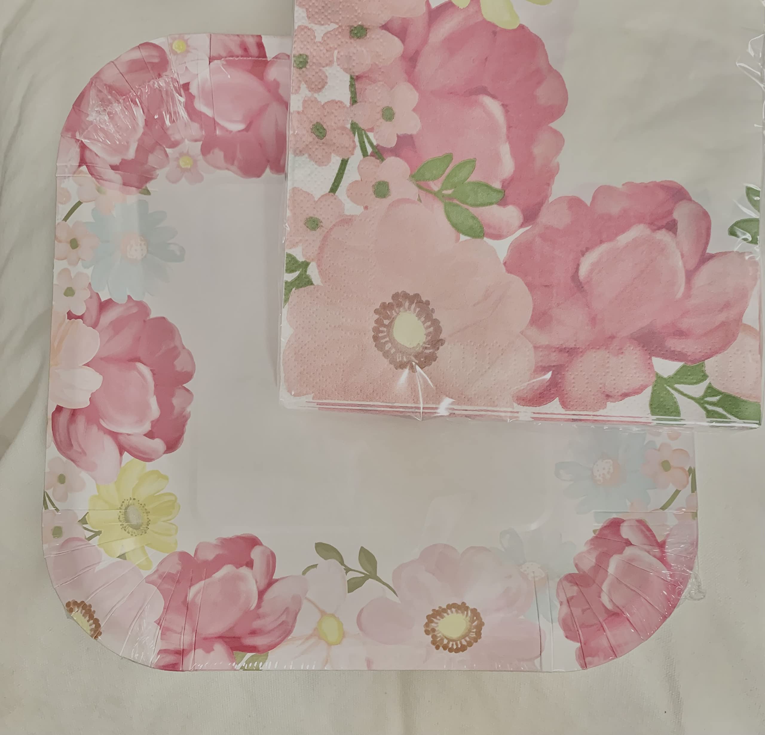 Spring Fling Sentiments Floral Bee Party Paper Bundle Set - 18 Luncheon Napkins + 12 Luncheon Plates