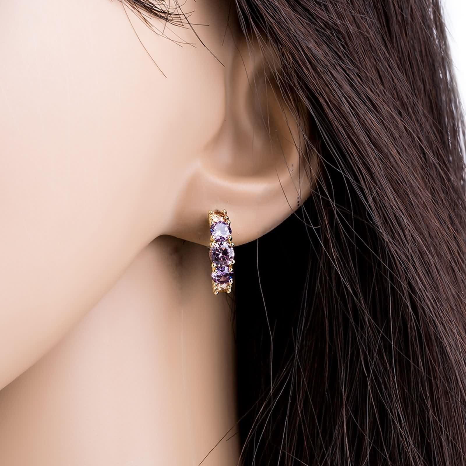 Pendientes de aro para mujer, oro amarillo de 14 quilates, Au585, multicolor, amatista rosa, cristal aro, pendientes de aro para mujer, pequeños pendientes de oro de 14 quilates
