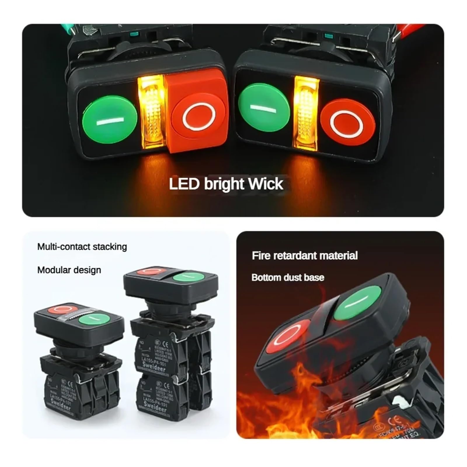 XB4 przełącznik dwuprzyciskowy ze światłem 22 mm, wyłącznik awaryjny, samoczynny przełącznik przyciskowy, 10 A (podwójny z LED A, 1NC, 24 V)