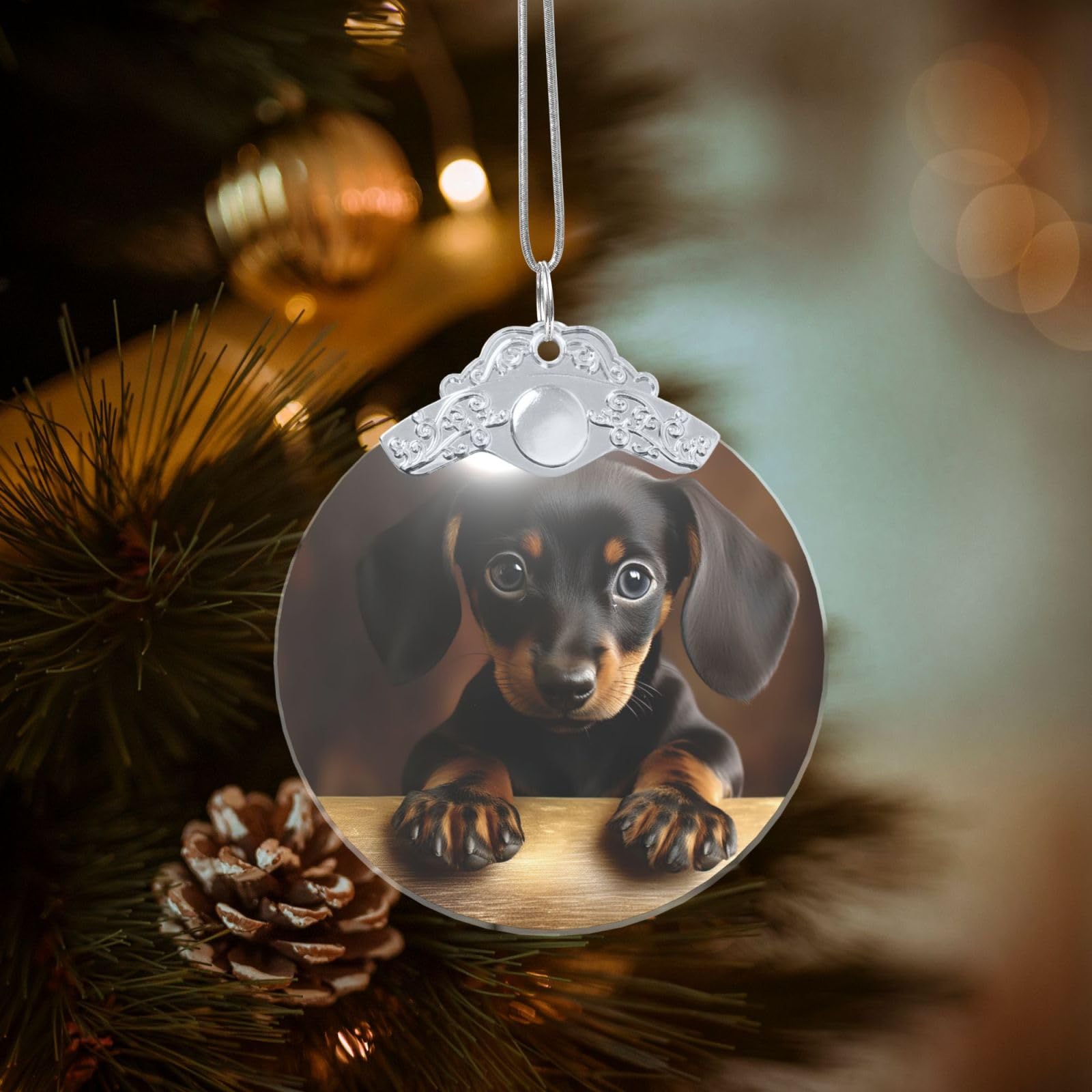 Crystal Christmas Ornaments for Christmas Tree Decoration Hanging Dog Dachshund Ornament with Gold Ribbon Crafts Round Pendant for Keepsake Gifts Glass Xmas Decor Party Supplies