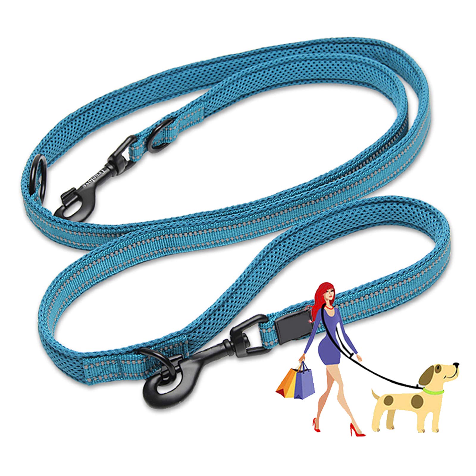 PJDDP Dog Lead Hands Free Dog Leash,Double Ended Dog Training Lead, Multifunctional Strong Nylon Reflective Rope for Running Walking Hiking Biking for Large Dogs Or Medium Dogs,Blue,S