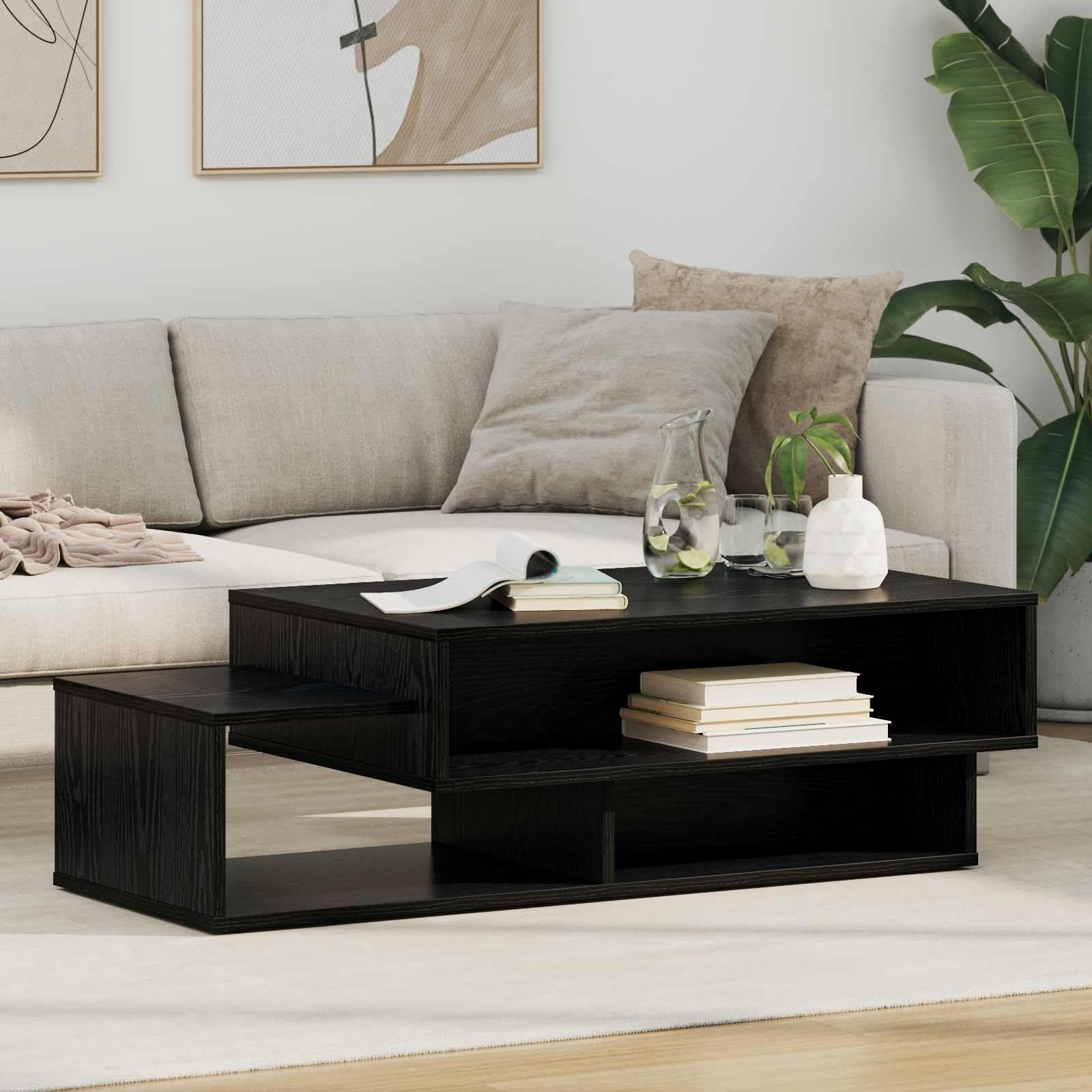 Mesa de centro de roble negro 105 x 50 x 32,5 cm de material de madera con 3 estantes, moderna mesa de centro de mesa lateral para salón, pequeña mesa de salón para sofá, balcón, dormitorio