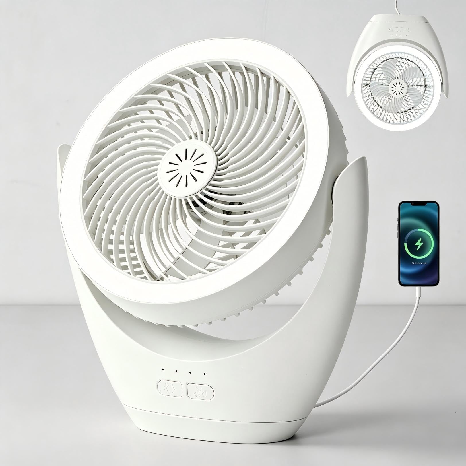 HARPER LIVING Ventilatore da scrivania ricaricabile, ventilatore portatile USB da tavolo con luce LED, ventilatore da tavolo 3 velocità e regolazione continua, regolabile a 120°, piccolo ventilatore
