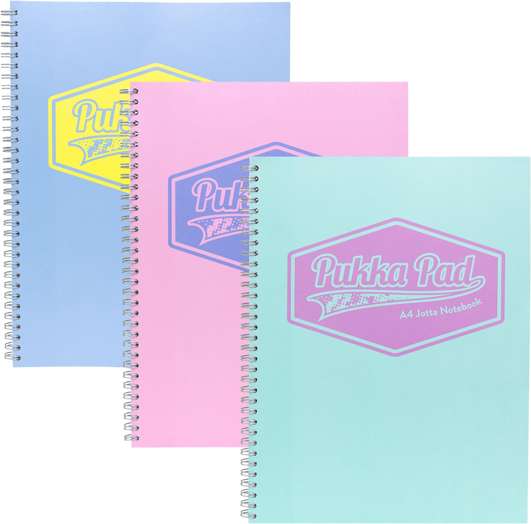 Pukka Pad Pastel A4 Jotta Notebooks – Pack of 3 Wirebound Notepads with 200 Pages, 100 Sheets of 80GSM Ruled Paper and Perforated 4-Hole Punched Margins – Pink, Blue, & Green, 29.7 x 22.4 cm