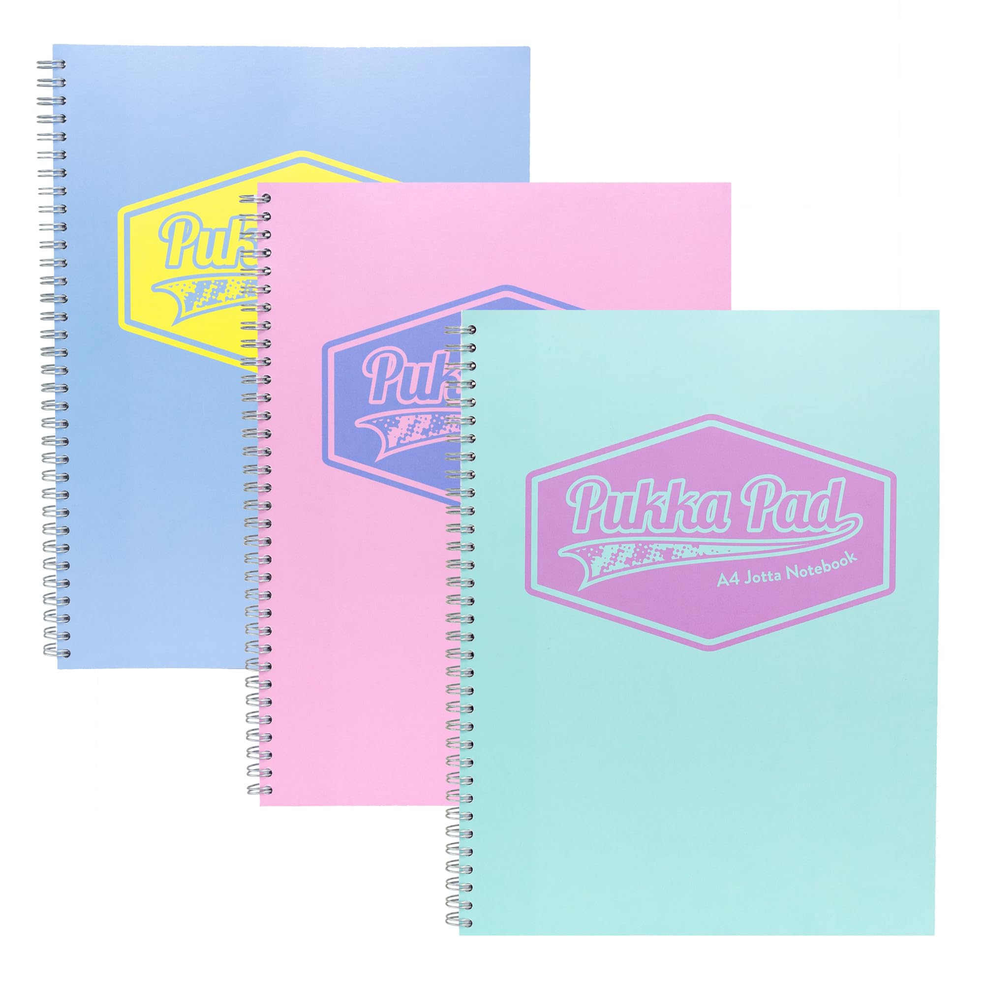Pukka Pad Pastel A4 Jotta Notebooks β Pack of 3 Wirebound Notepads with 200 Pages, 100 Sheets of 80GSM Ruled Paper and Perforated 4-Hole Punched Margins β Pink, Blue, & Green, 29.7 x 22.4 cm