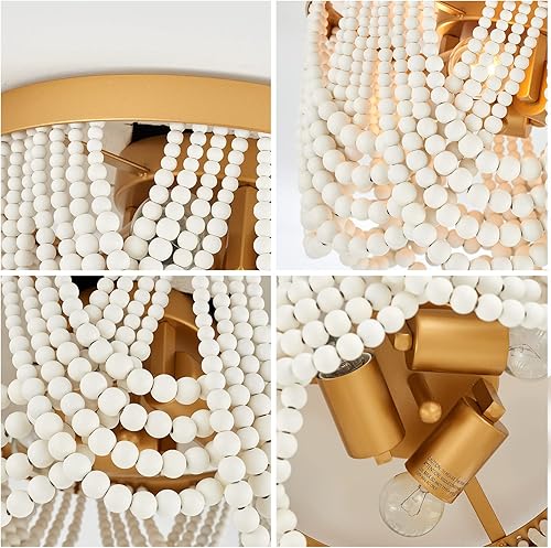 Miniatura 9 de MhyTogn Lámpara de techo semiempotrada estilo bohemio, con acabado de pintura de latón antiguo, con cuentas de madera blanca para cuarto del bebé,