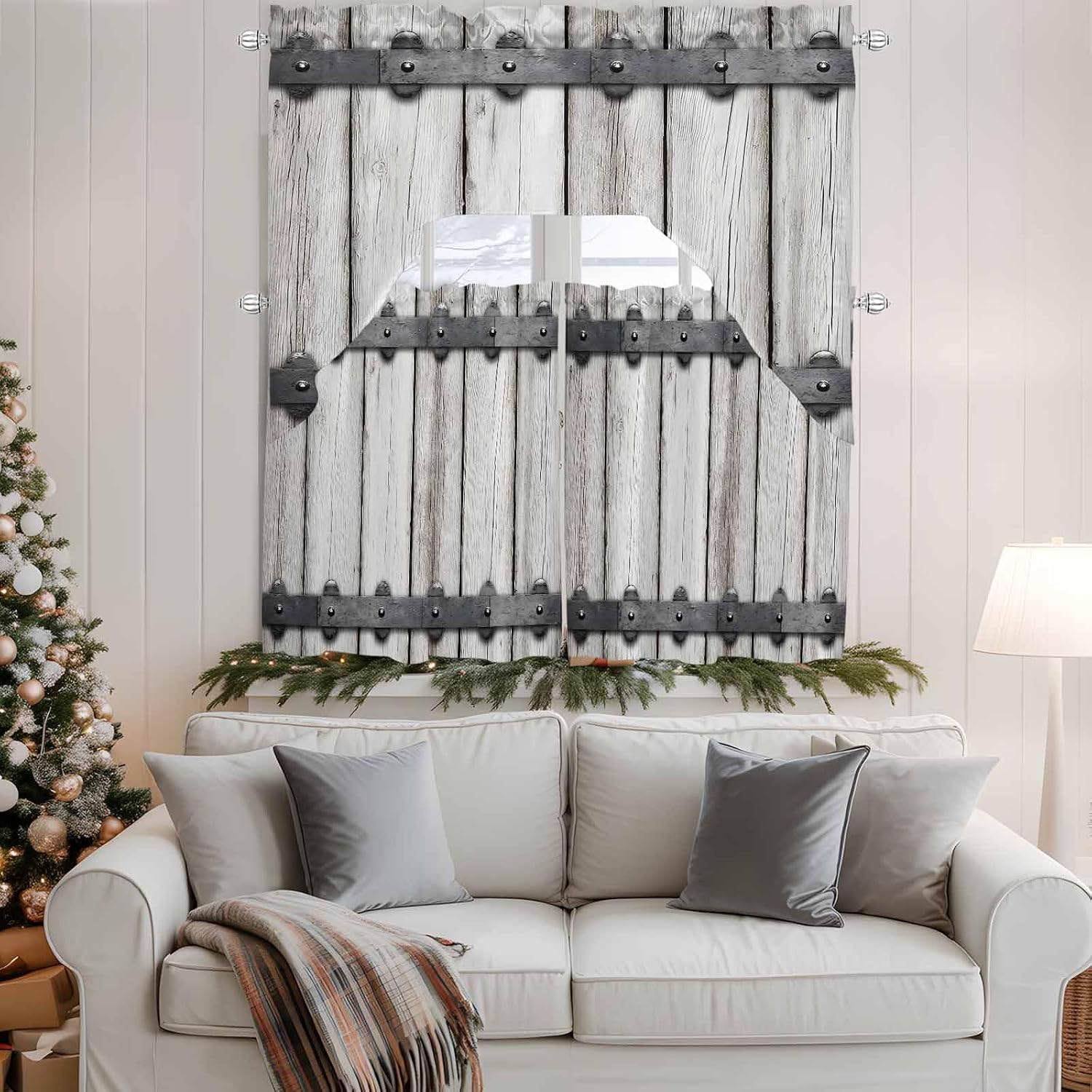 Farmhouse Rustic Kitchen Curtain Set Swag Valance and Tier Curtains 36 Inch Length, Vintage Country Wooden Grain Curtain Valance for Windows, Light Filter Curtains Drapes for Bedroom Bathroom