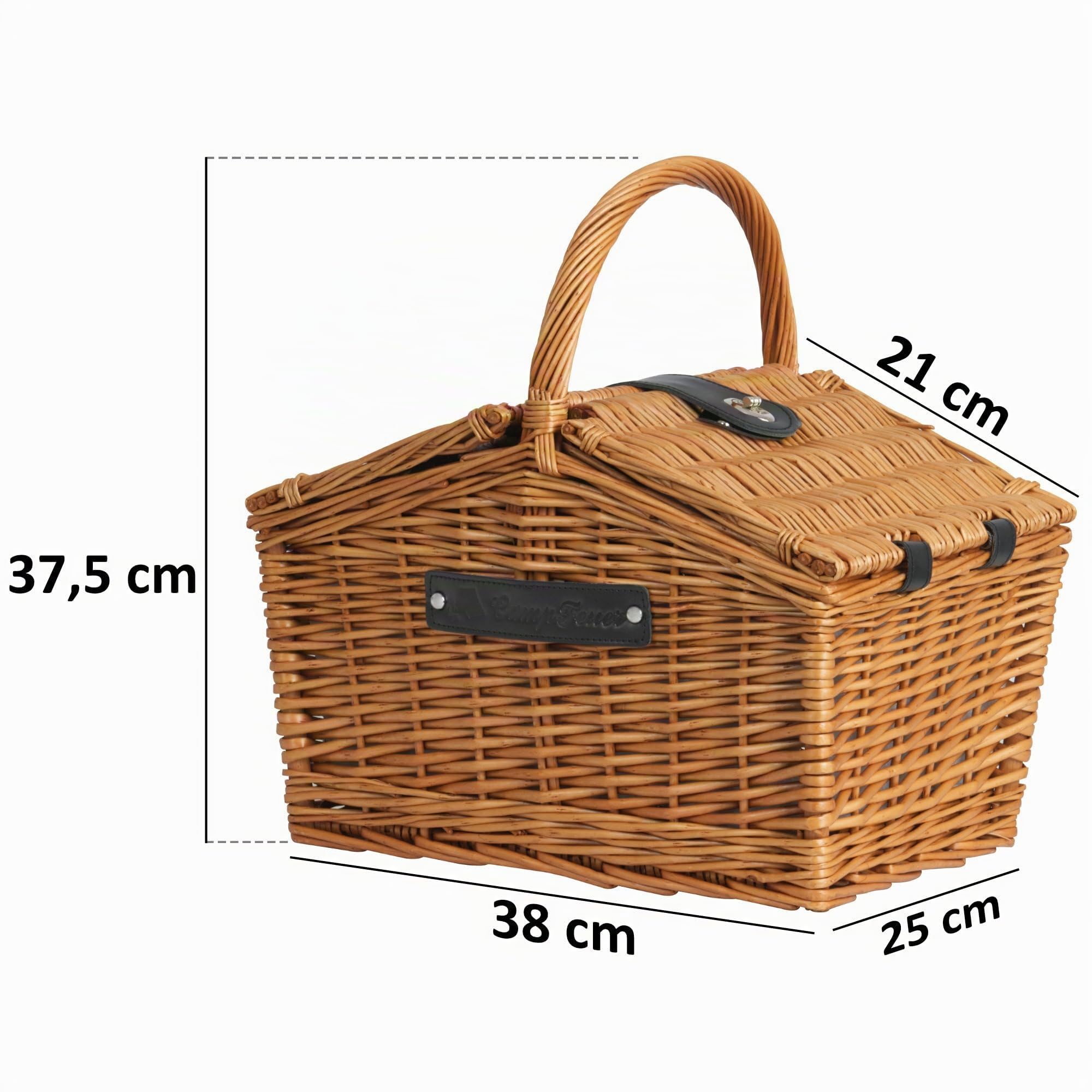 CampFeuer Cesta de picnic para 2 personas con juego de vajilla y compartimento frigorífico, 12 piezas, maletín de pícnic, cesta de mimbre con correa de piel sintética, bolsa de pícnic, juego completo