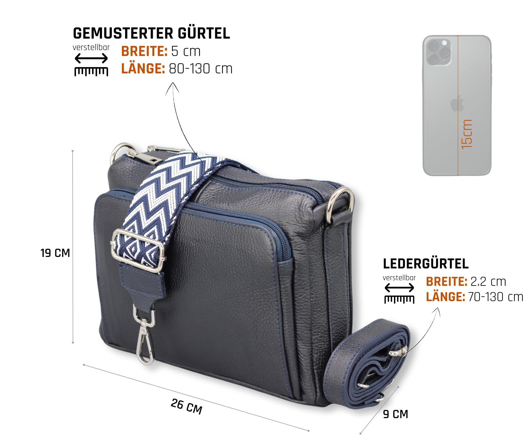 ADEL damska torba na ramię BECKY, ręcznie robiona torba na ramię ze 100% prawdziwej skóry, ze skórzanym paskiem + szeroki wzór, regulowany pasek, Made in Italy