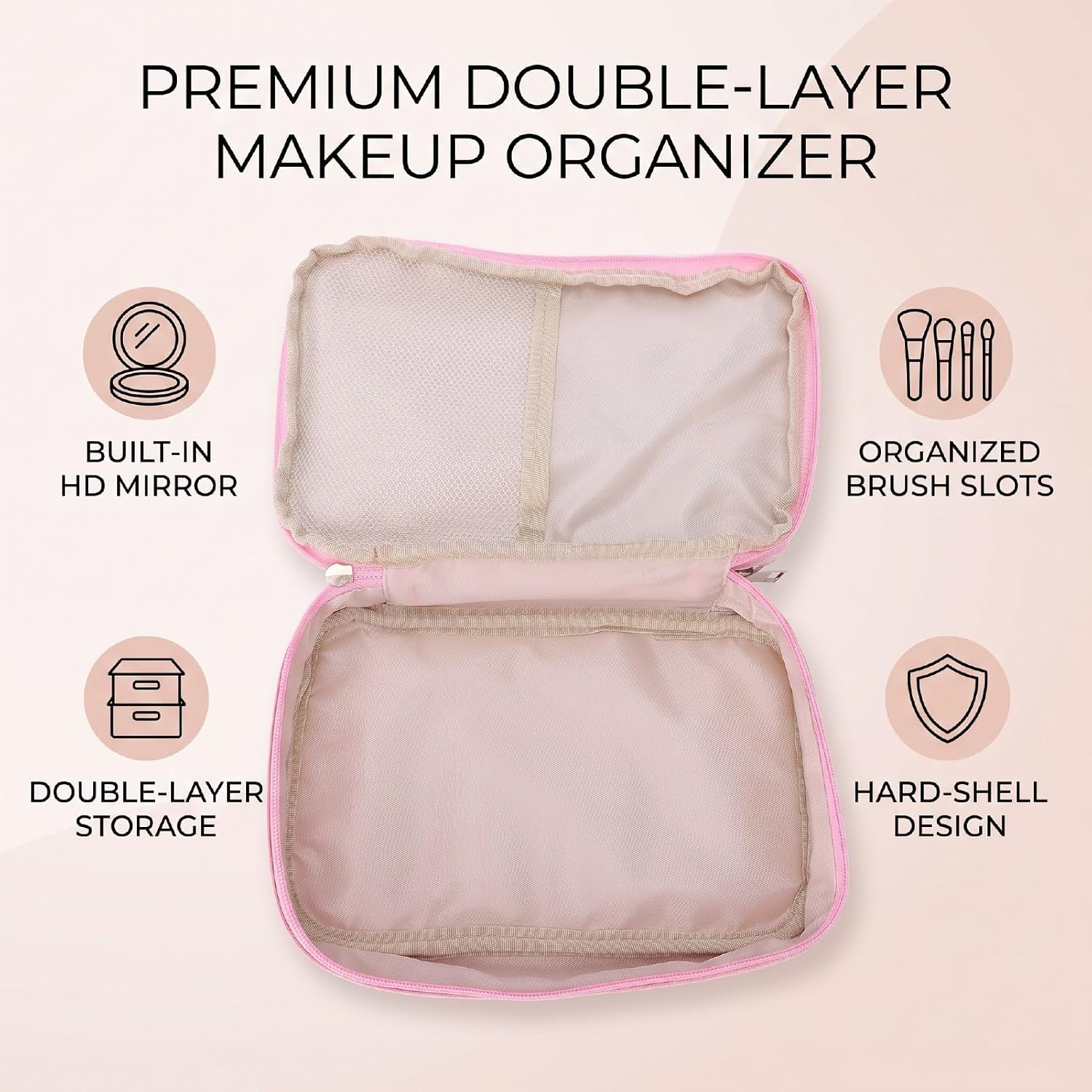 banapoy Travel Makeup Bag with Mirror, Double Layer, Pink image 5