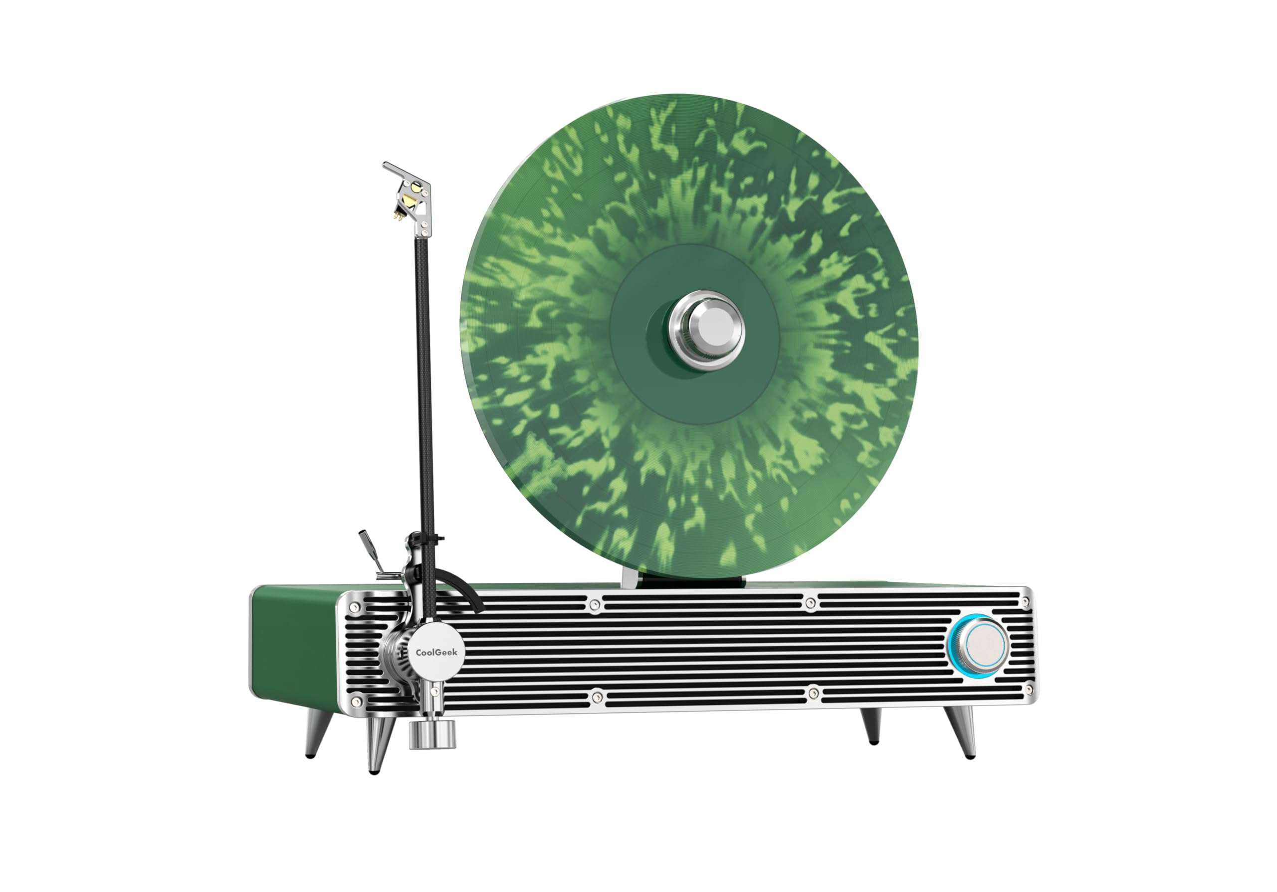 COOLGEEK Upright Vinyl Turntable with a green record playing vertically