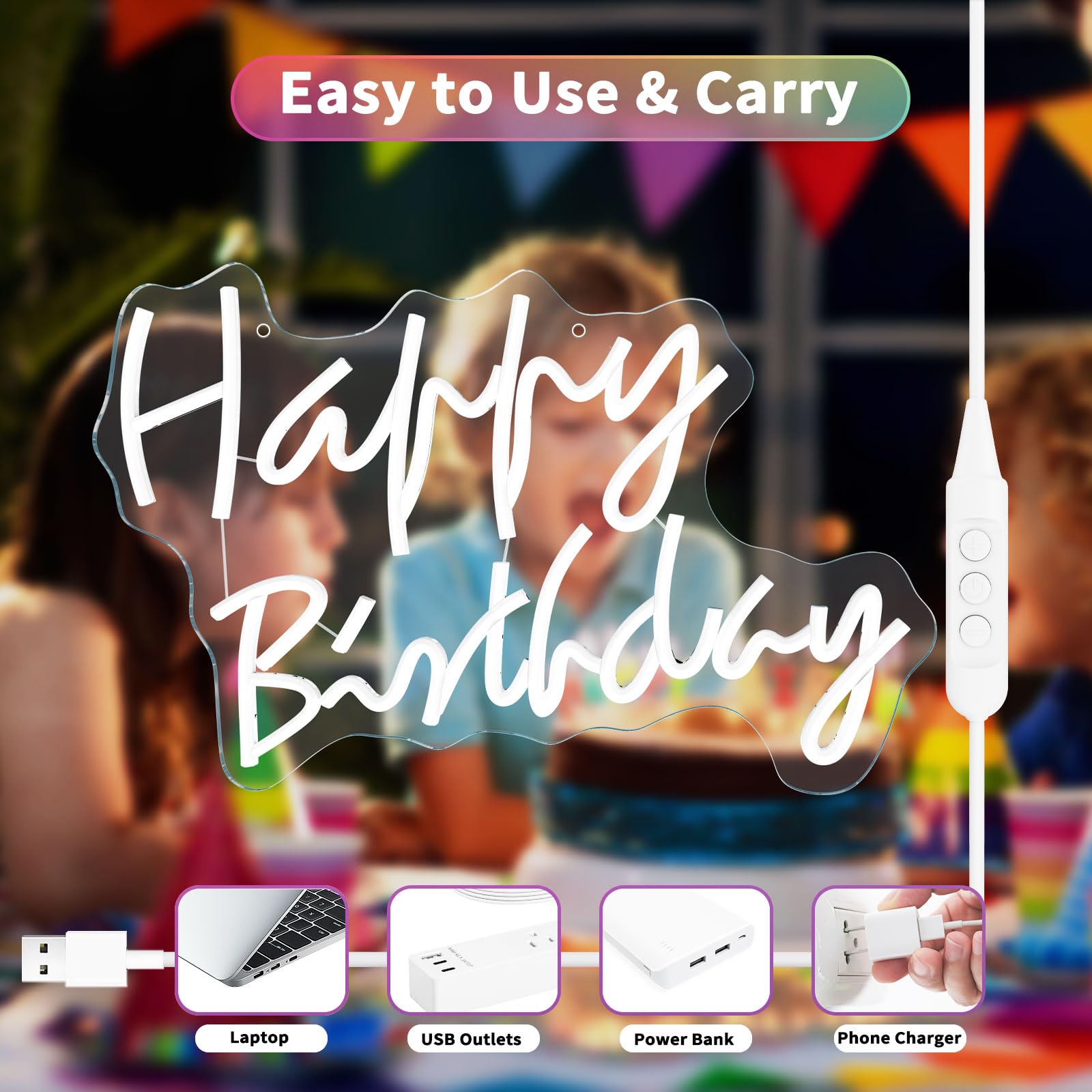 Neonowe światła Happy Birthday [9 kolorów RGB] – 47 cm x 35 cm, ściemniany znak świetlny na przyjęcie urodzinowe, dekoracja ścienna z zasilaniem USB