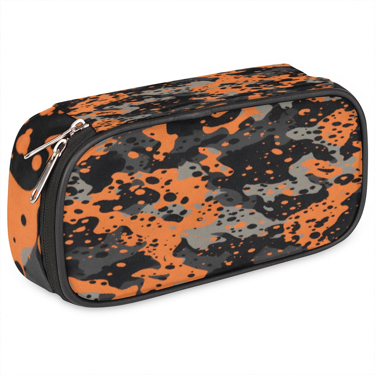 GzLeyigou Camouflage Orange Black Leather Pencil Case Pen Holder Large Capacity Stationery Organizer Pencil Bag for Boys Girls Military Texture Pencil