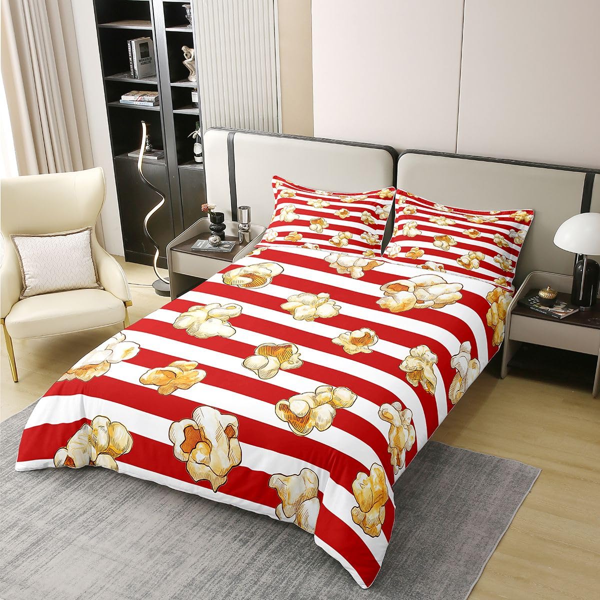 Homemissing Tema del film cotone Set Copripiumino 135x200cm Popcorn Stampa Copripiumone Morbido per ragazzi strisce Copripiumini Geometric Room Decor Con 1 Cuscino