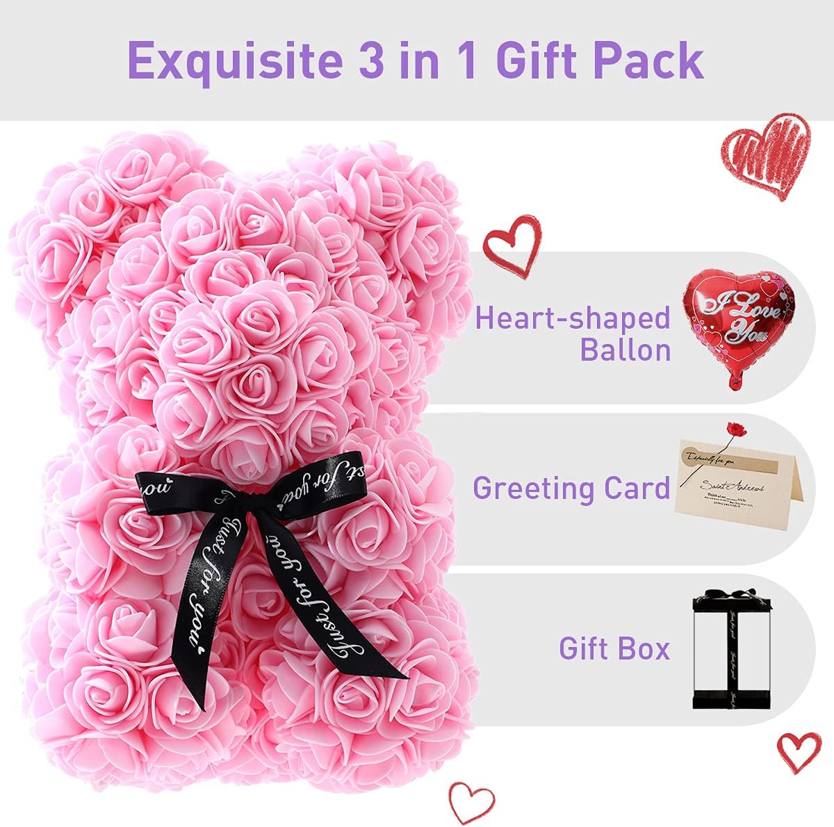 Gifts for Women - Rose Flower Bear - Rose Bear,Pure Handmade Rose Teddy Bear,Gift for Mothers Day,Valentines Day, Anniversary and Bridal Showers,w/Clear Gift Box and Greeting Card (Light Pink) - Image 2