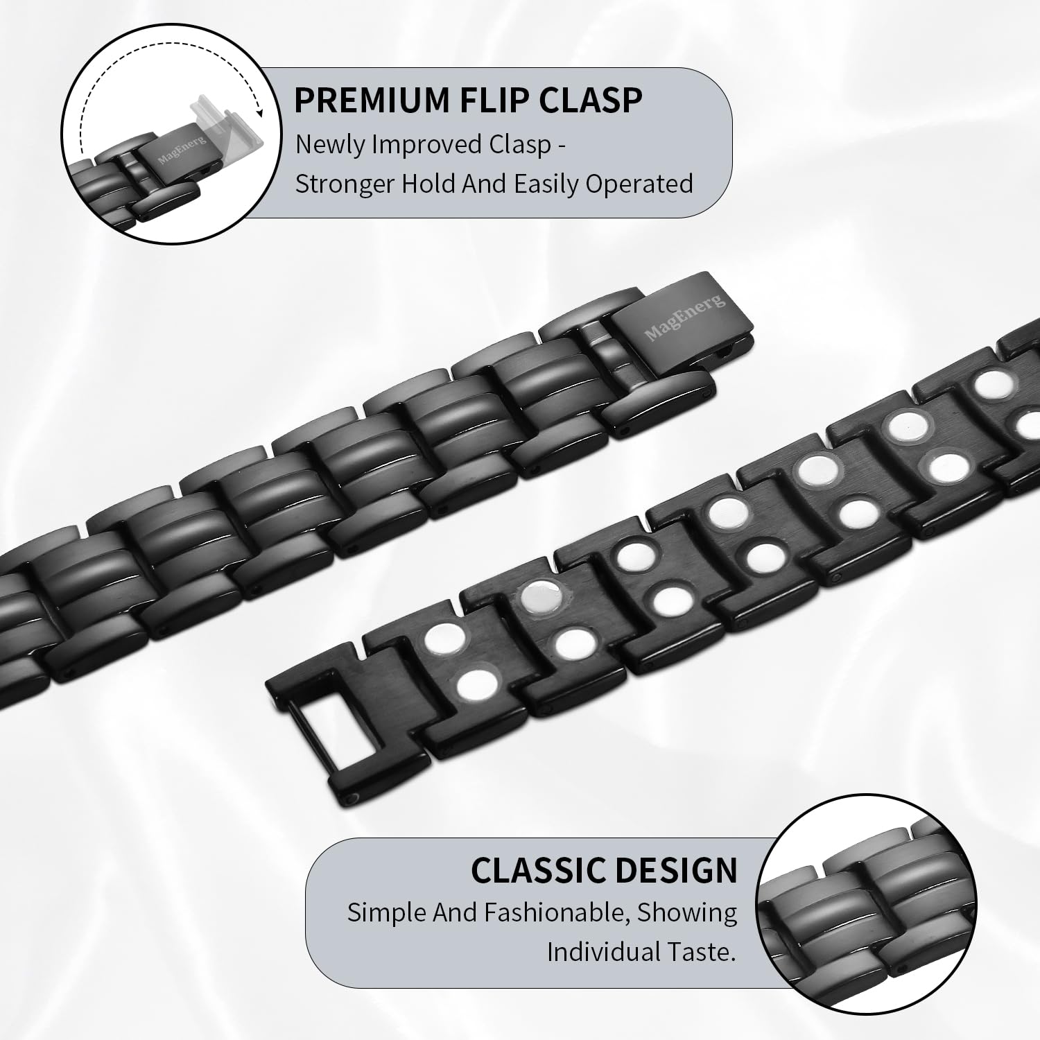 MagEnergy Pulseras magnéticas de acero de titanio para hombre, doble fila de imanes ultra resistentes, pulseras magnéticas con herramienta de extracción de eslabones ajustables y caja de regalo de