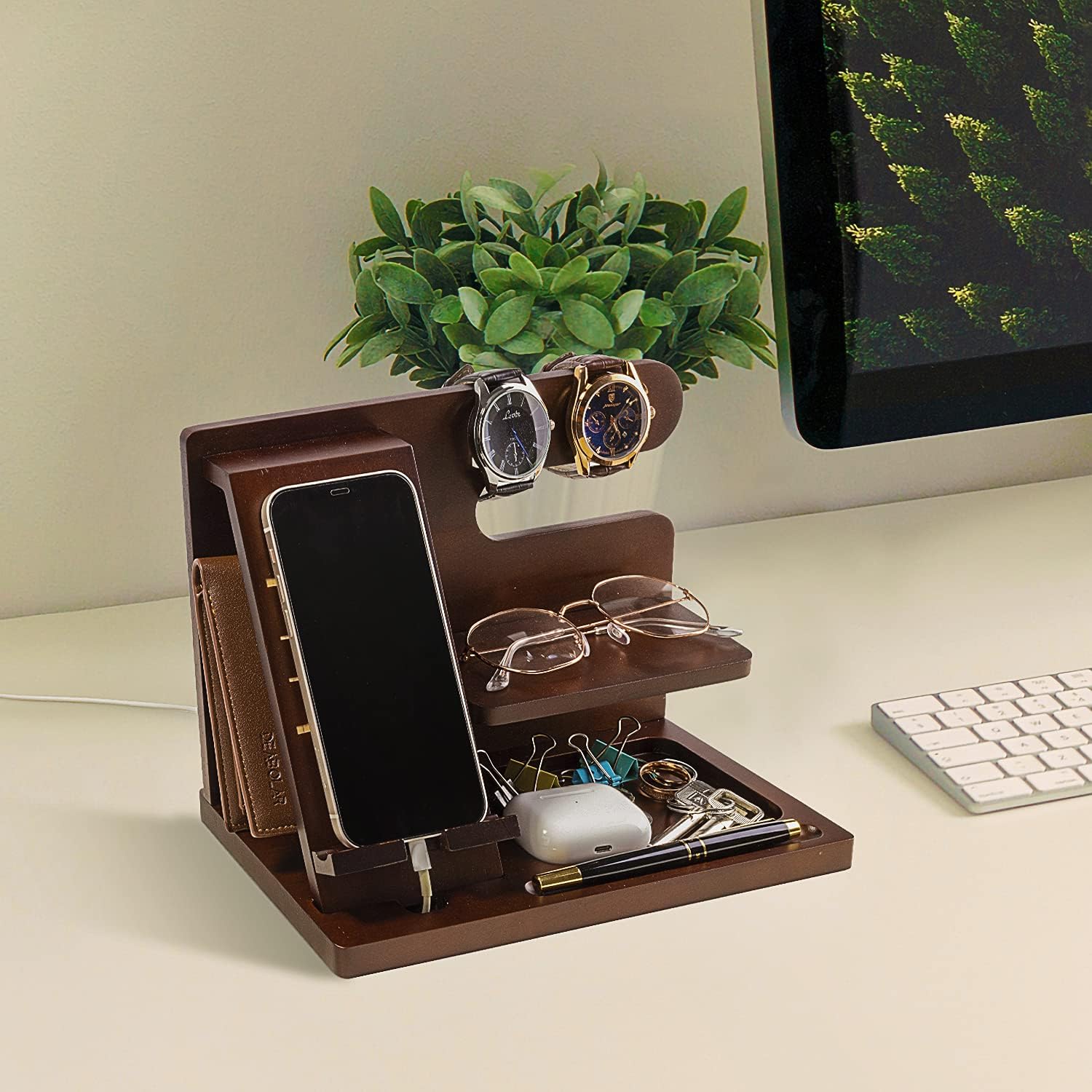awofer Personalized Wood Phone Docking Station For Men - Trust In The Lord - Key Holder Wallet Stand Watch Organizer Men Gift Husband Boyfriend Dad Son Birthday Christmas Gifts With Bible Verse