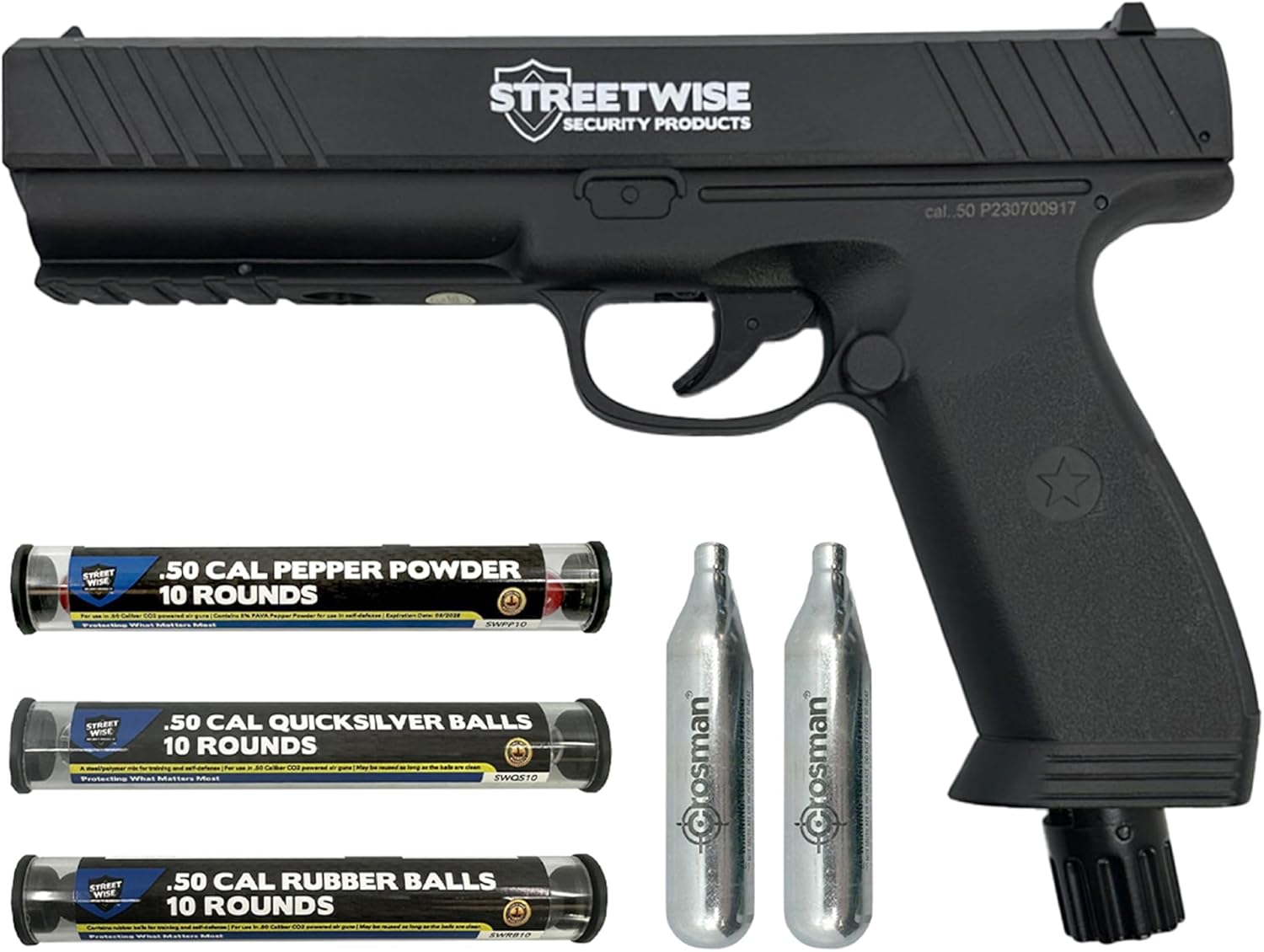Streetwise Heat .50 Caliber Defense Launcher, Kinetic Impact Ball Gun - Personal Protection Pistol Includes 10 Rubber Balls, 10 Quicksilver Metal Composite Rounds, & 2 CO2 Canisters