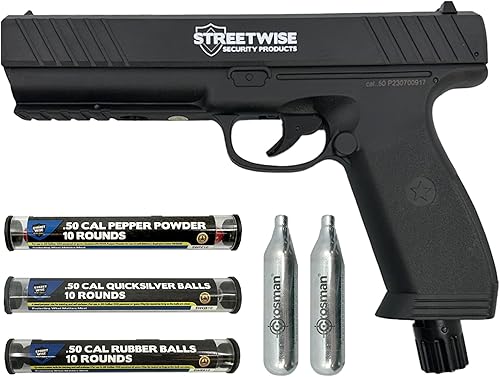 Streetwise Heat - Lanzador de defensa calibre .50, pistola de bolas de impacto cinético, pistola de protección personal incluye 10 bolas de goma, 10