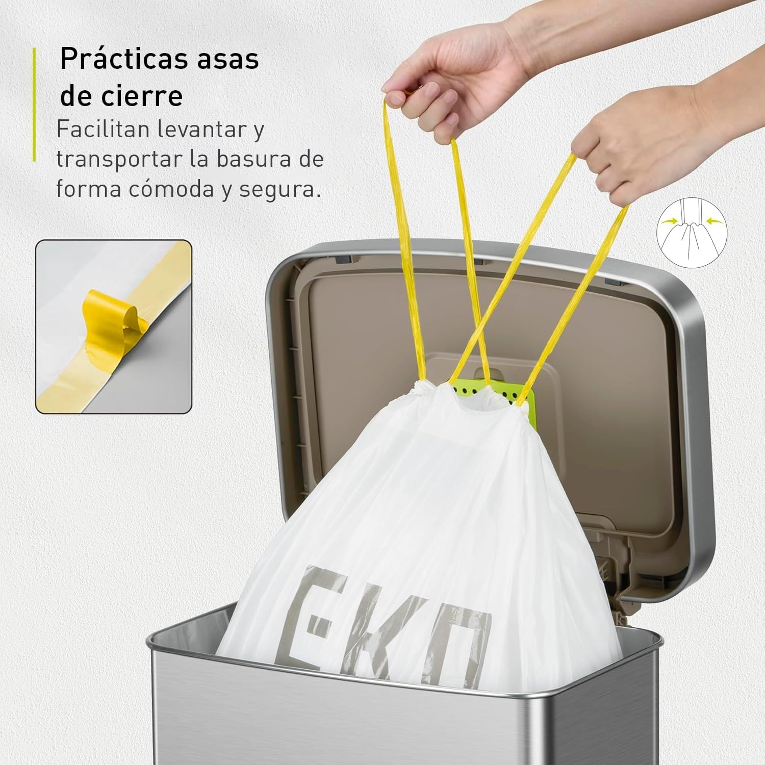 EKO Bolsas de Basura para Cocina Código G 50-90 L Pack de 110 | Bolsas EKO extra fuertes de 50–90 L, antifugas, con cordón reforzado y pack de 110 unidades.