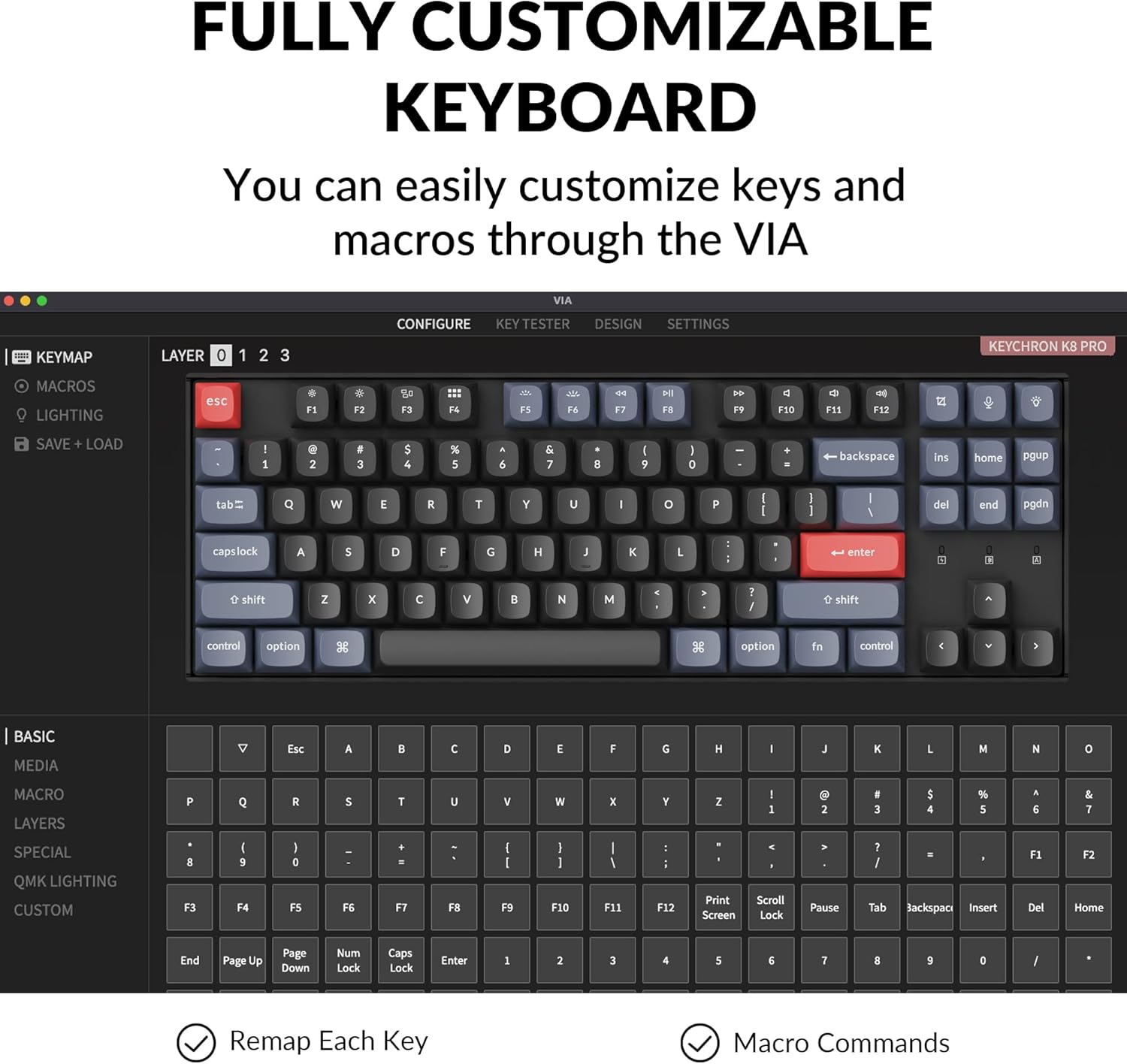 Screenshot of the VIA software interface showing the Keychron K8 Pro keyboard layout and options for remapping keys and creating macros.