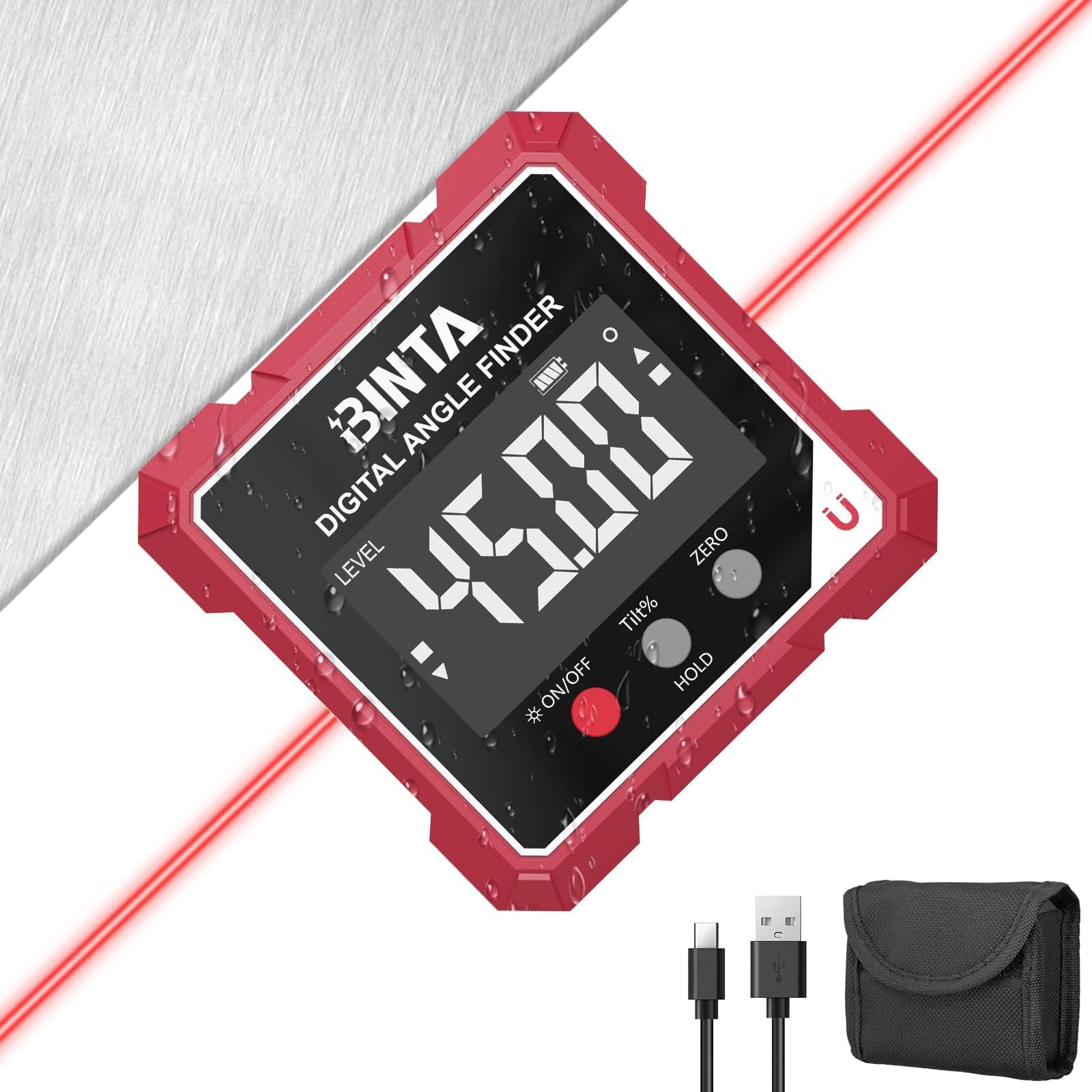 BINTA Inclinomètre Numérique 4×90° Laser Magnétique Rechargeable IP54 | Inclinomètre 4×90° précision ±0,1°, double laser, base magnétique 4 faces, écran LCD inversé, USB-C rechargeable, IP54