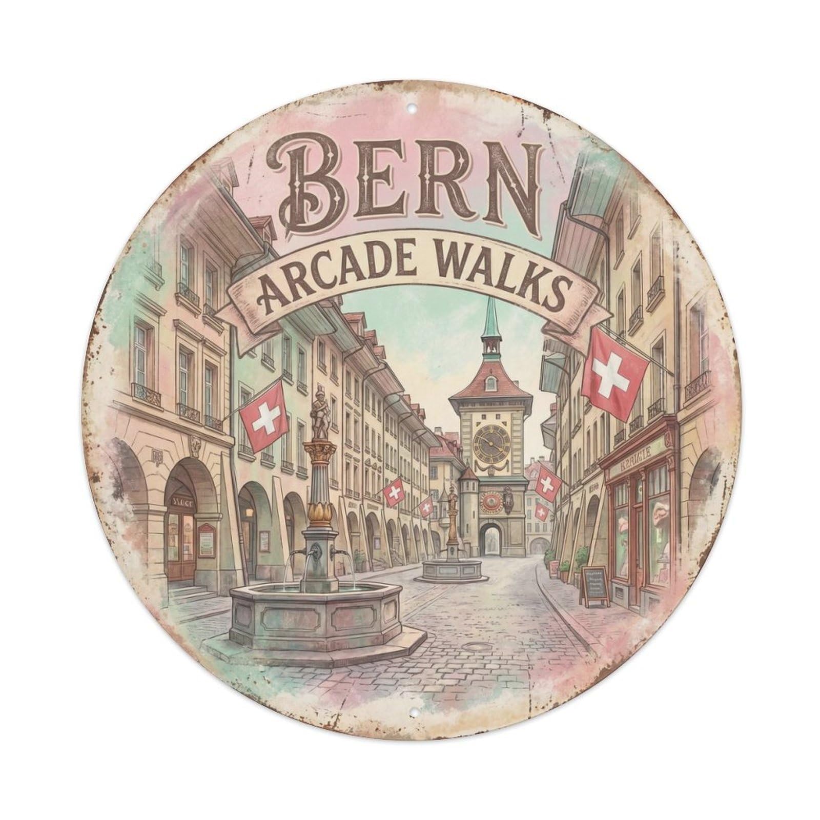 Vintage Travel Bern Arcades Switzerland Metal Tin Sign
