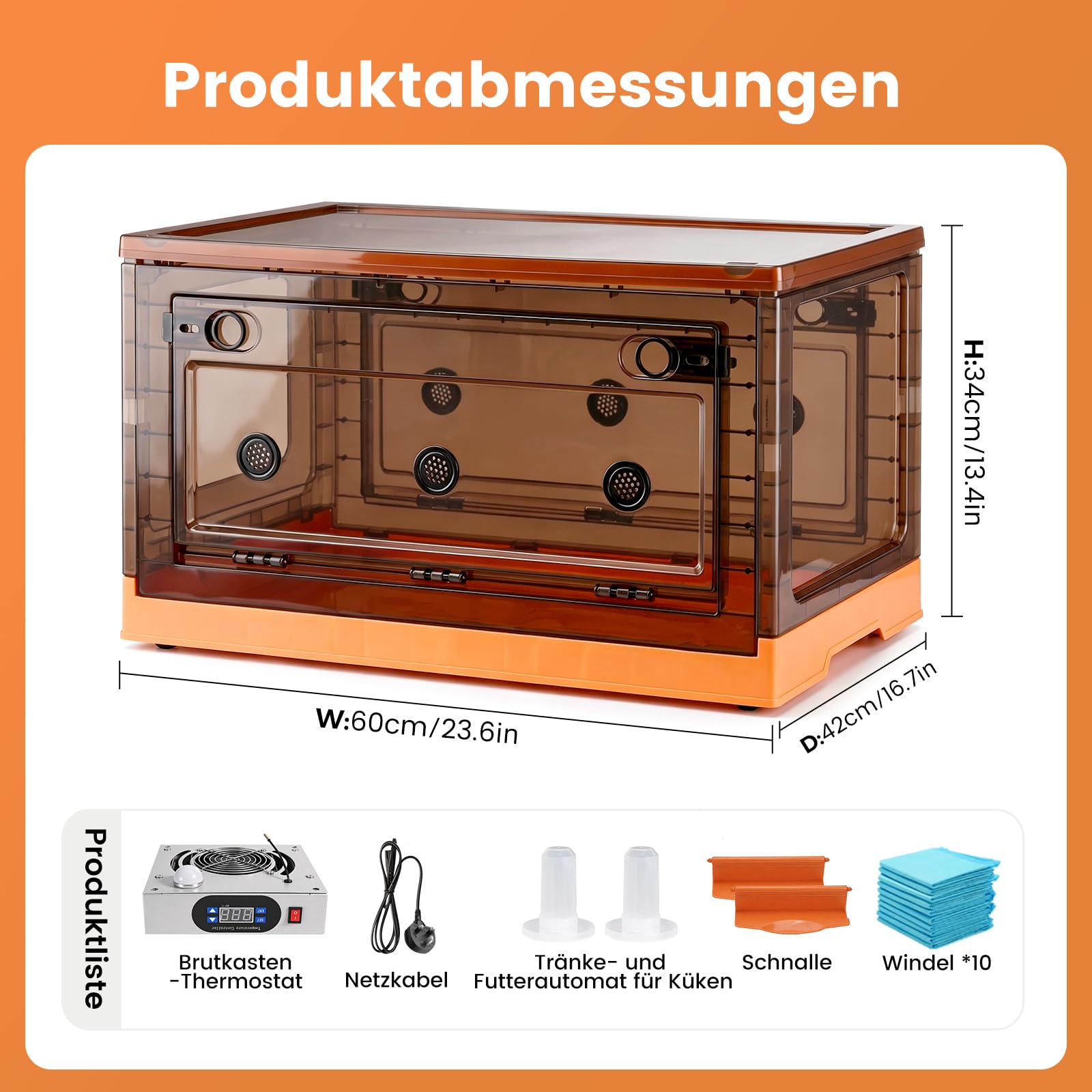 Inkubator für Küken 85L Brutkasten Faltbare Brutbox für Geflügel(Orange)