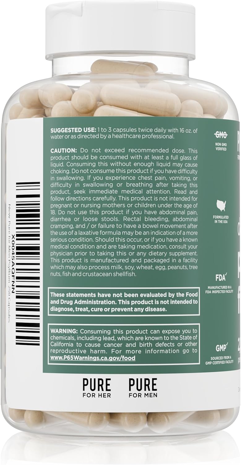 Daily Psyllium Husk Fiber Supplement by Pure for Men & Pure for Her | Digestive Regularity & Gut Health Support | Soluble Fiber Powder, 2,175mg Per Serving | 250 Capsules - Image 3