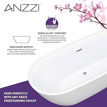 ANZZI Freestanding Tub 67”, Soaker Tub, Acrylic Center Drain
