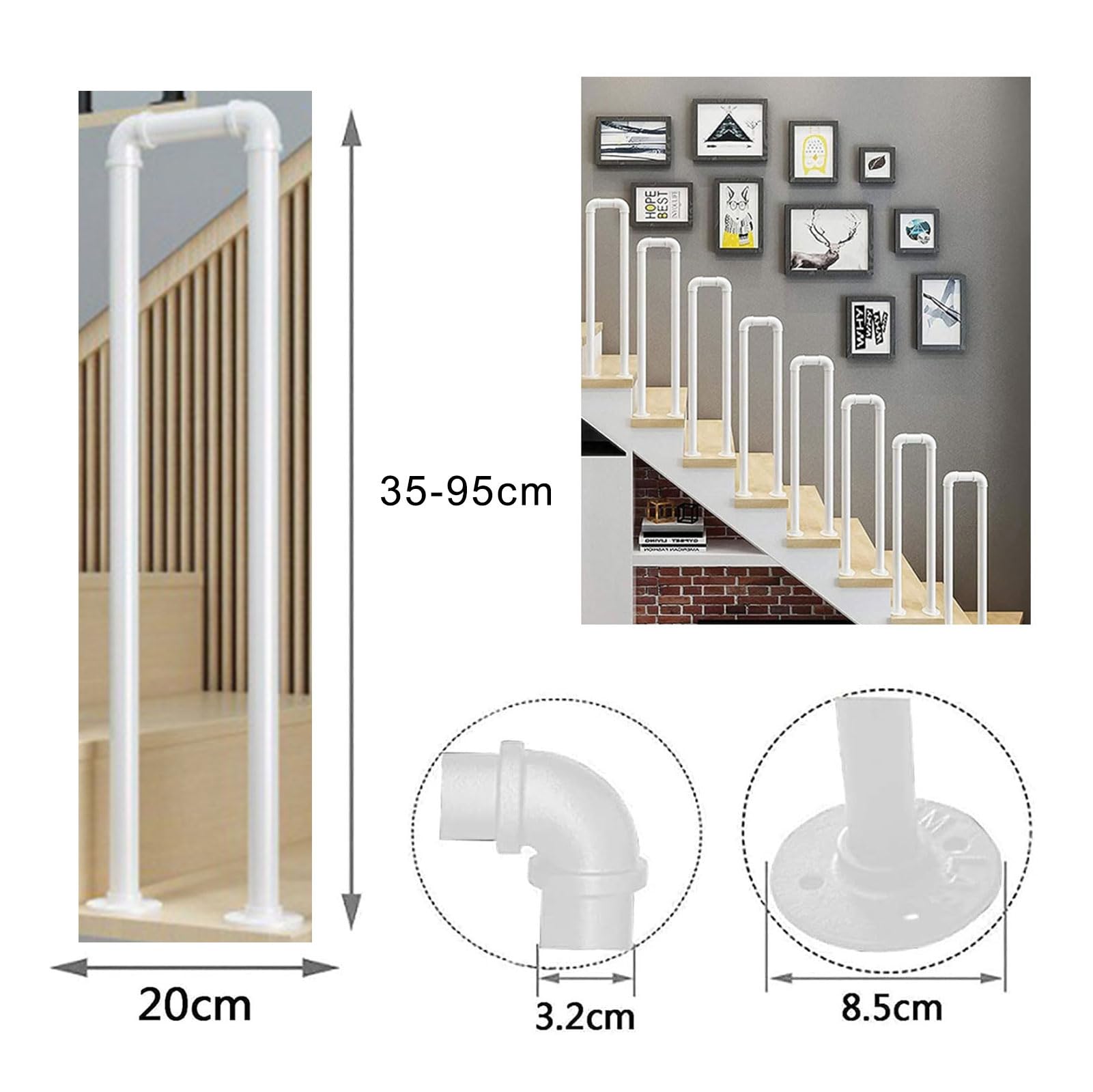 Handläufe Für Treppen, Matter Schmiedeeisen-Handlauf Für Außentreppen – Metall-Treppenhandlauf Mit Montageset Für Terrassenbeläge, Garten, Terrasse, Balkon/White/20 * 45Cm