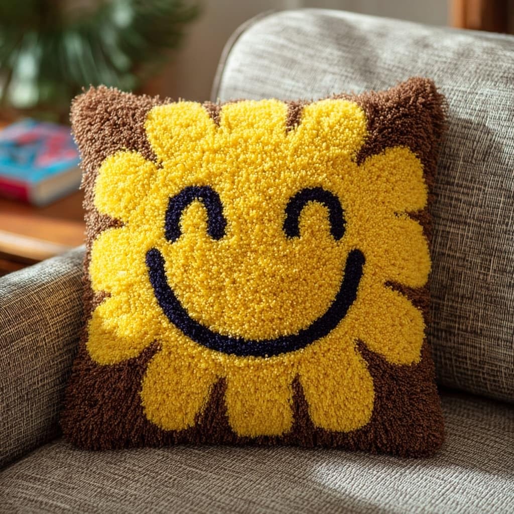 Henypt DIY Latch Hook Pillow Set 17x17 Inch,Smiling Sunflower Printed Canvas Needlework Kit,All-in-One Craft for Sofa Decor & Family Activities