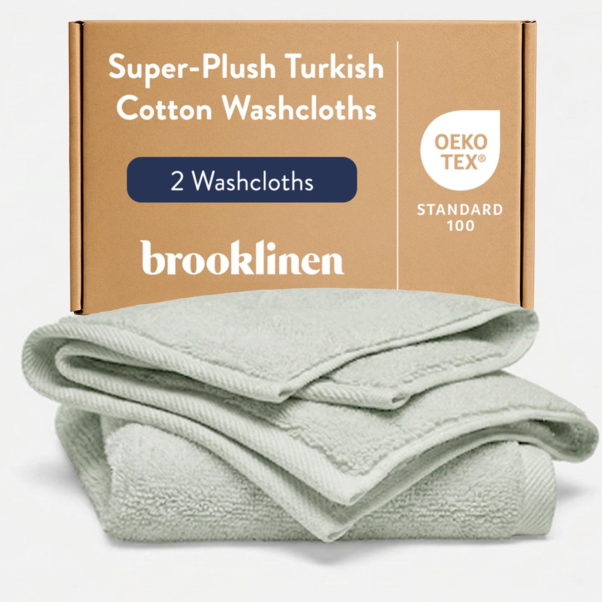 Brooklinen Super-Plush Turkish Cotton Washcloths - Set of 2 - Cotton, 820 GSM, Highly Absorbent, Machine Washable, Perfect for Home & Bathroom (13" x 13", Aloe Green)
