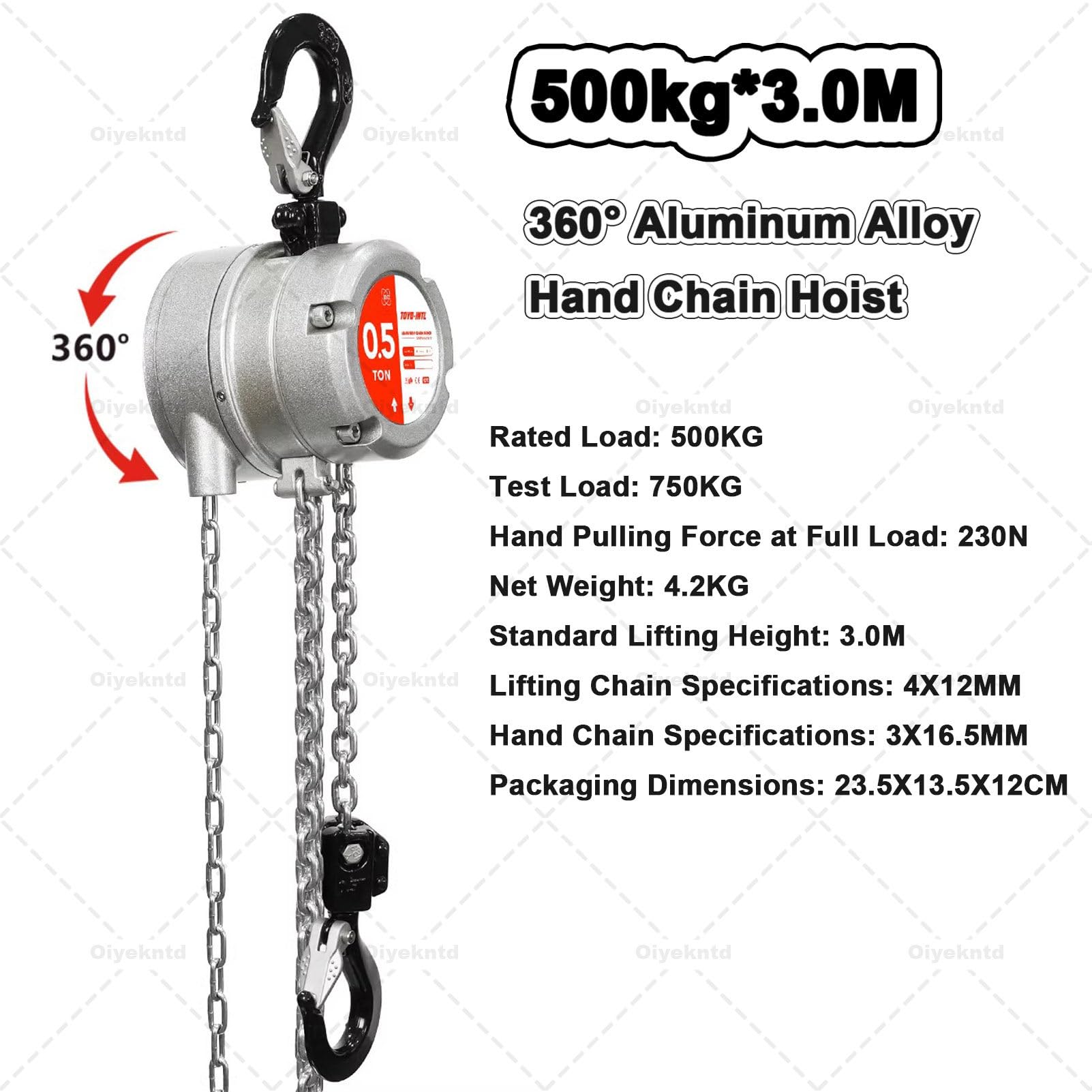 Paranco manuale a catena 1000 kg, paranco a catena portatile con ganci resistenti, struttura in acciaio industriale per sollevamento e sartiame, altezza di sollevamento 3 m