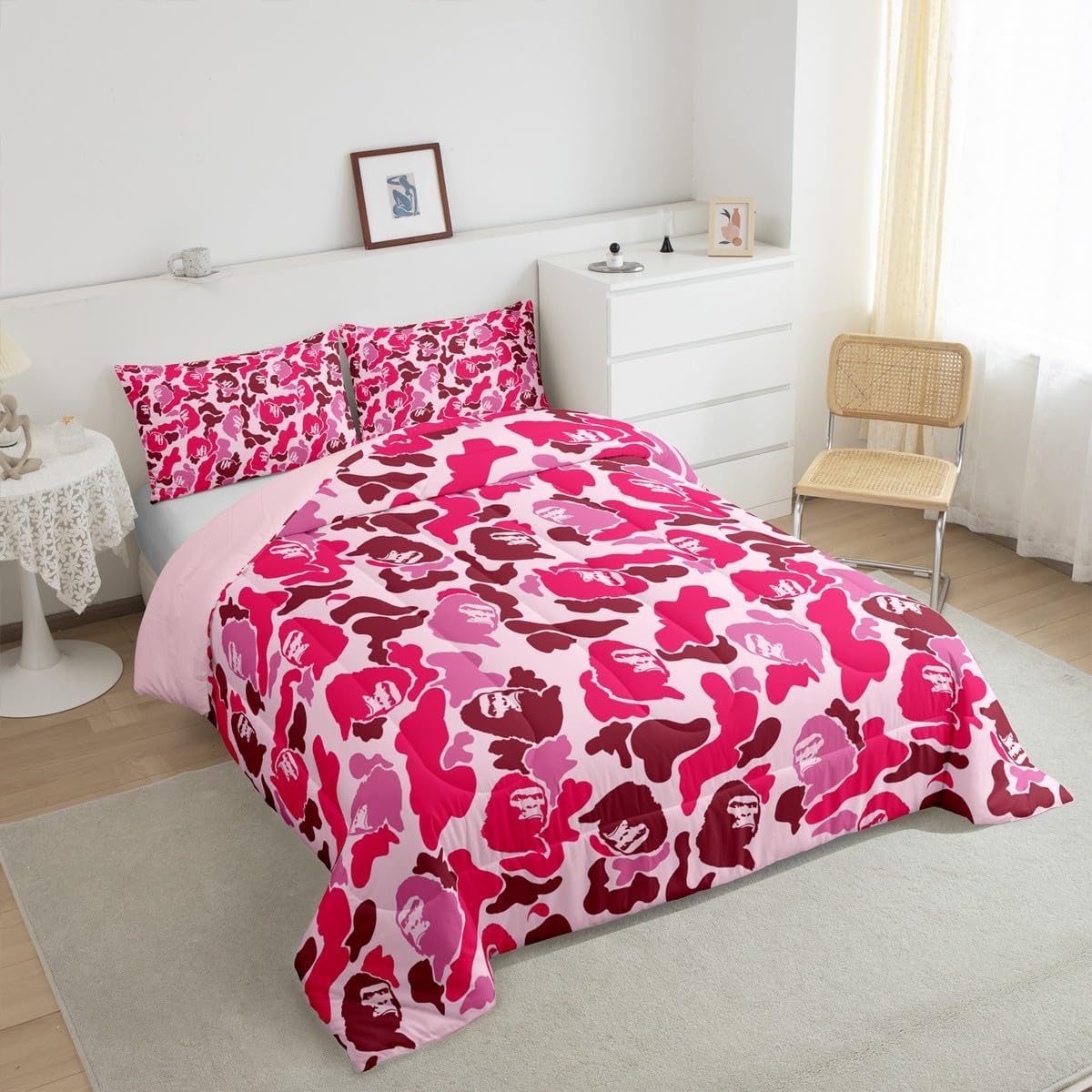Feelyou Camo Bedding Set Soft for Boys Girls, Camouflage Comforter Set Twin Size Camo Monkey Duvet Quilt Microfiber Hunting Bedroom Decor Pink and Brown 2 Pcs with 1 Pillow Cases