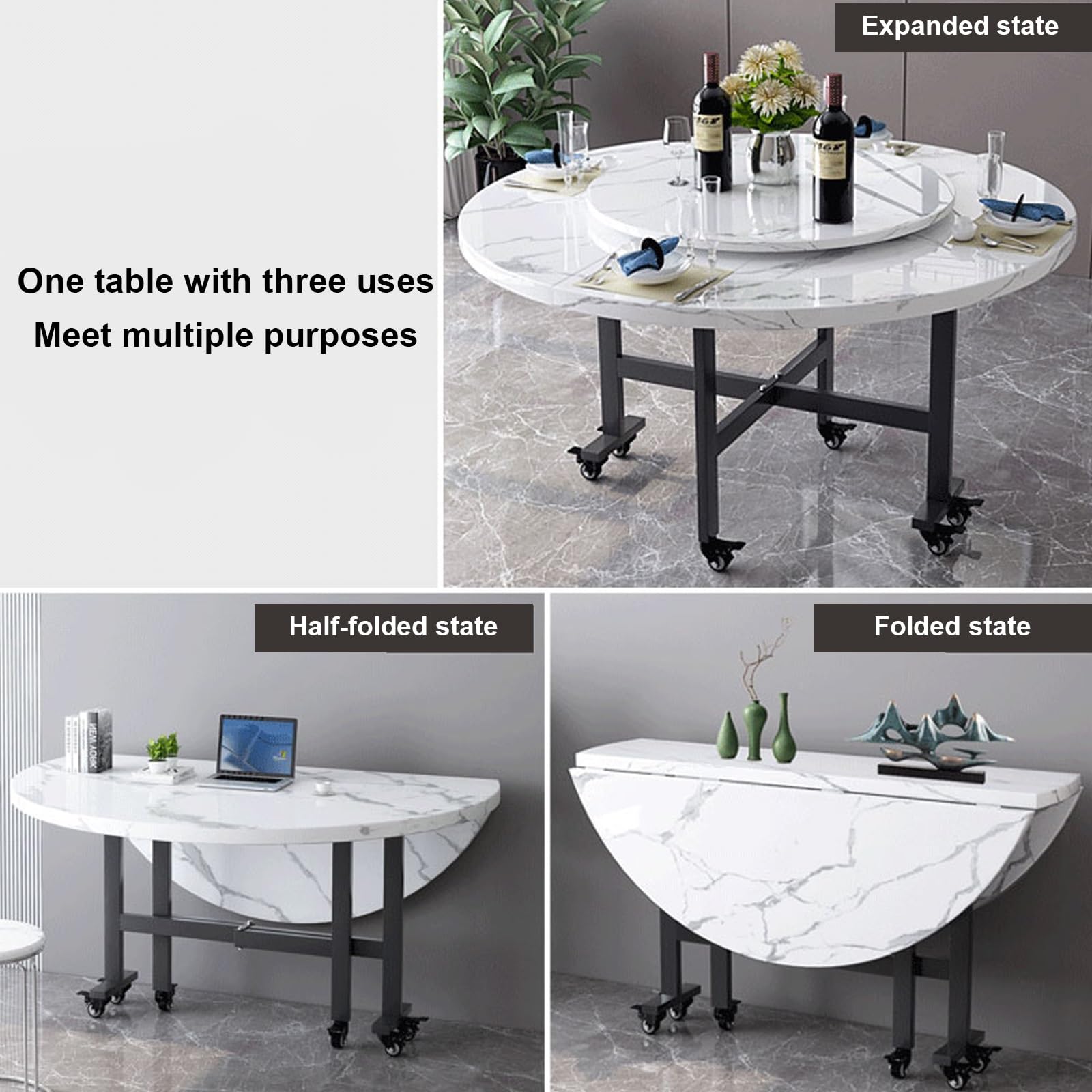 Moderno tavolo da pranzo rotondo, pieghevole, mobile da cucina, con rotelle universali, 4-8 posti, ideale per feste e riunioni in casa (120 x 23,2 x 75 cm)