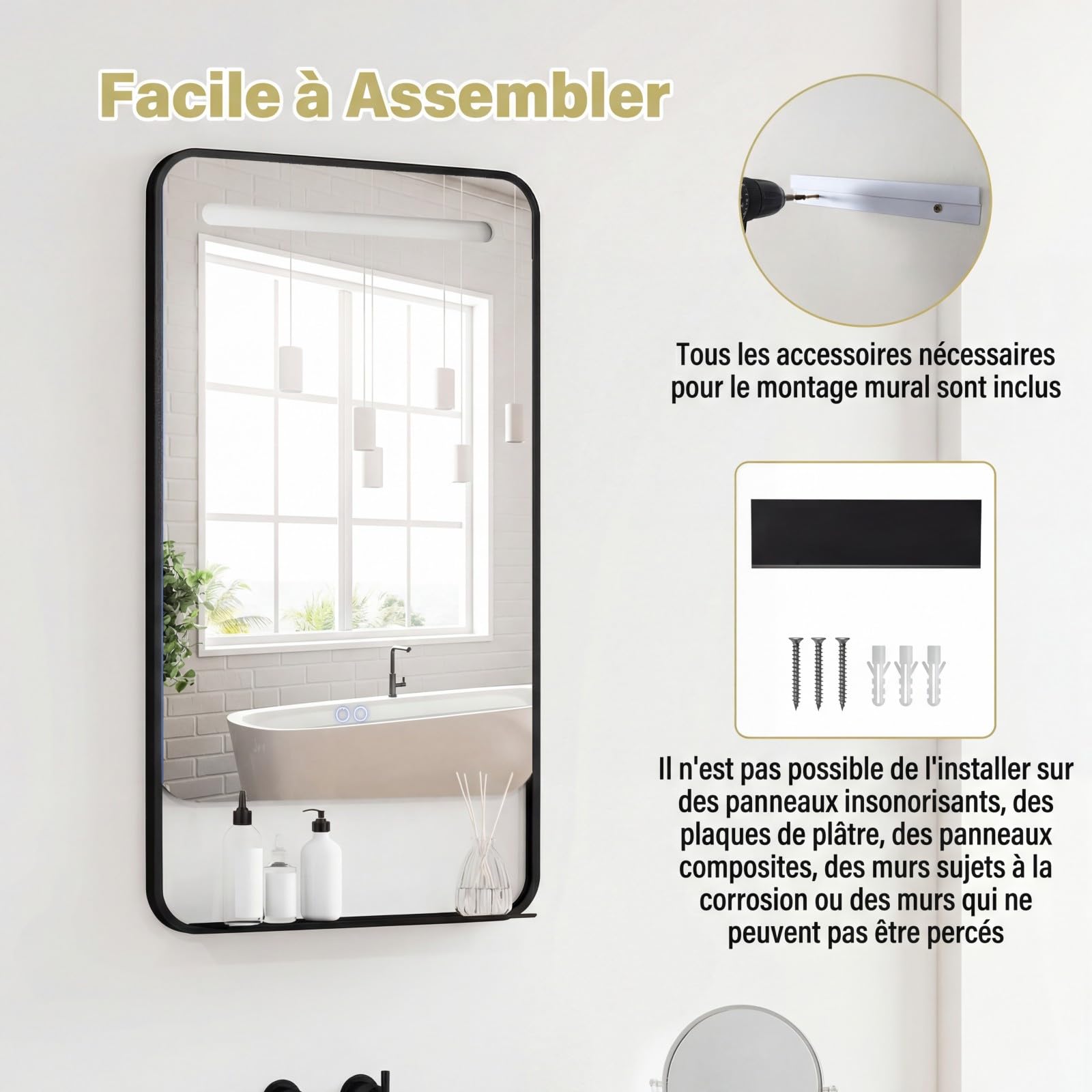 GOPLUS Miroir LED Salle de Bain avec Étagère, 88,5 x 50 cm Miroir Coiffeuse Mural avec Fonction Anti-buée, 3 Couleurs de Lumière, Luminosité Réglable, Cadre en Aluminium, pour Entrée, Chambre